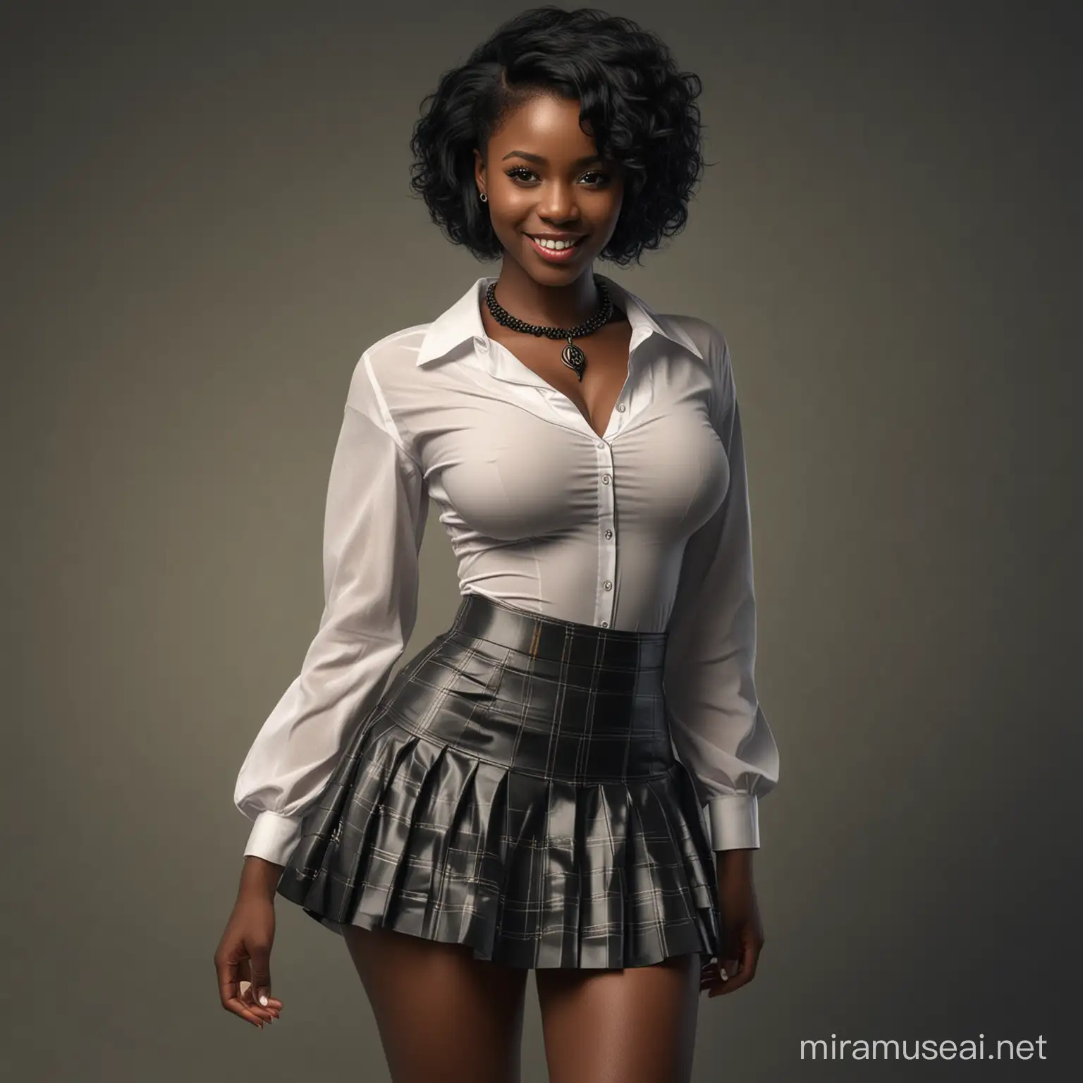 a sexy African wearing a skirt ,full body, collar , Black hair, realistic , cinematic, low light, naught smile , unbotten sleeve showing her breast, cleavage 