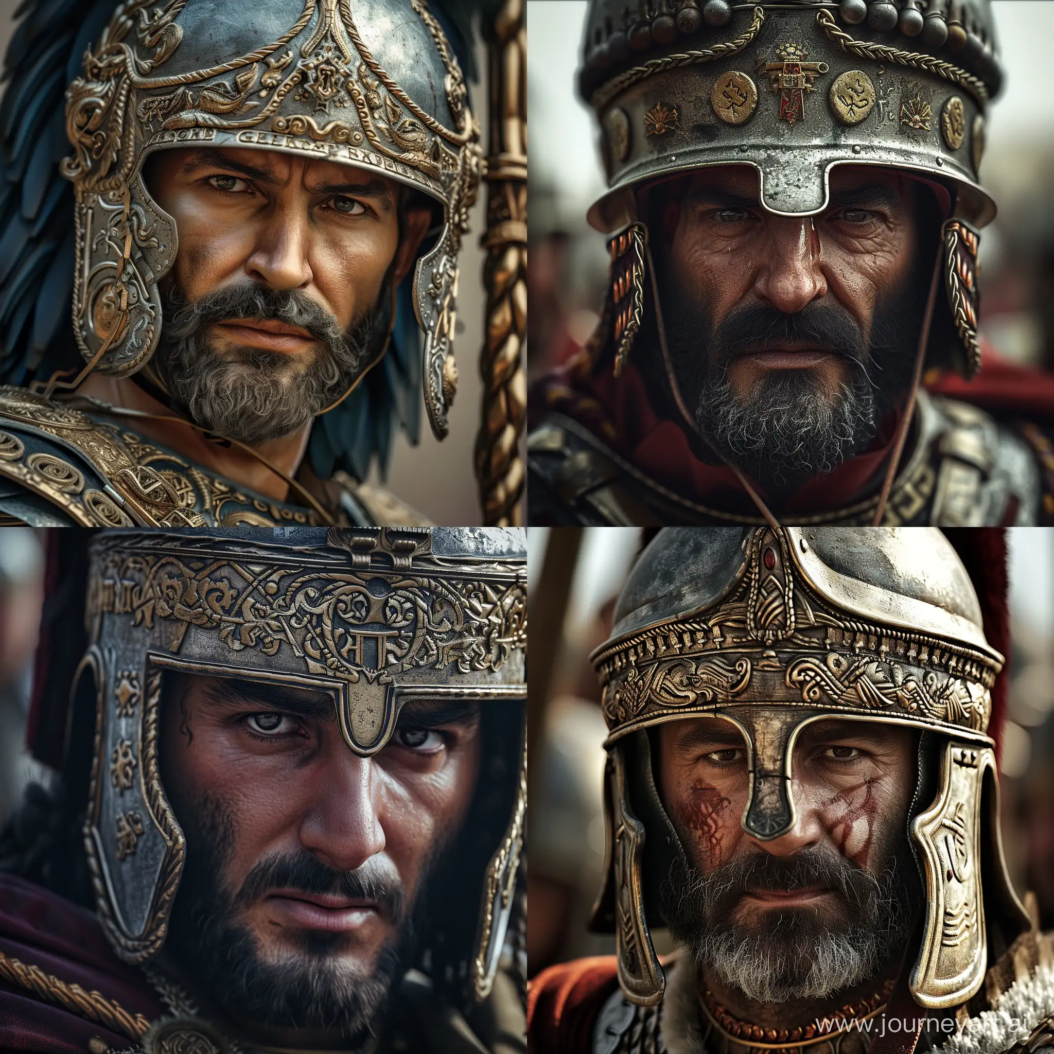 Byzantine General Belisarius at Constantinople. He is wearing his General attire and helmet. He seems proud and brave. Close up. Impressive detailed Realistic image.
