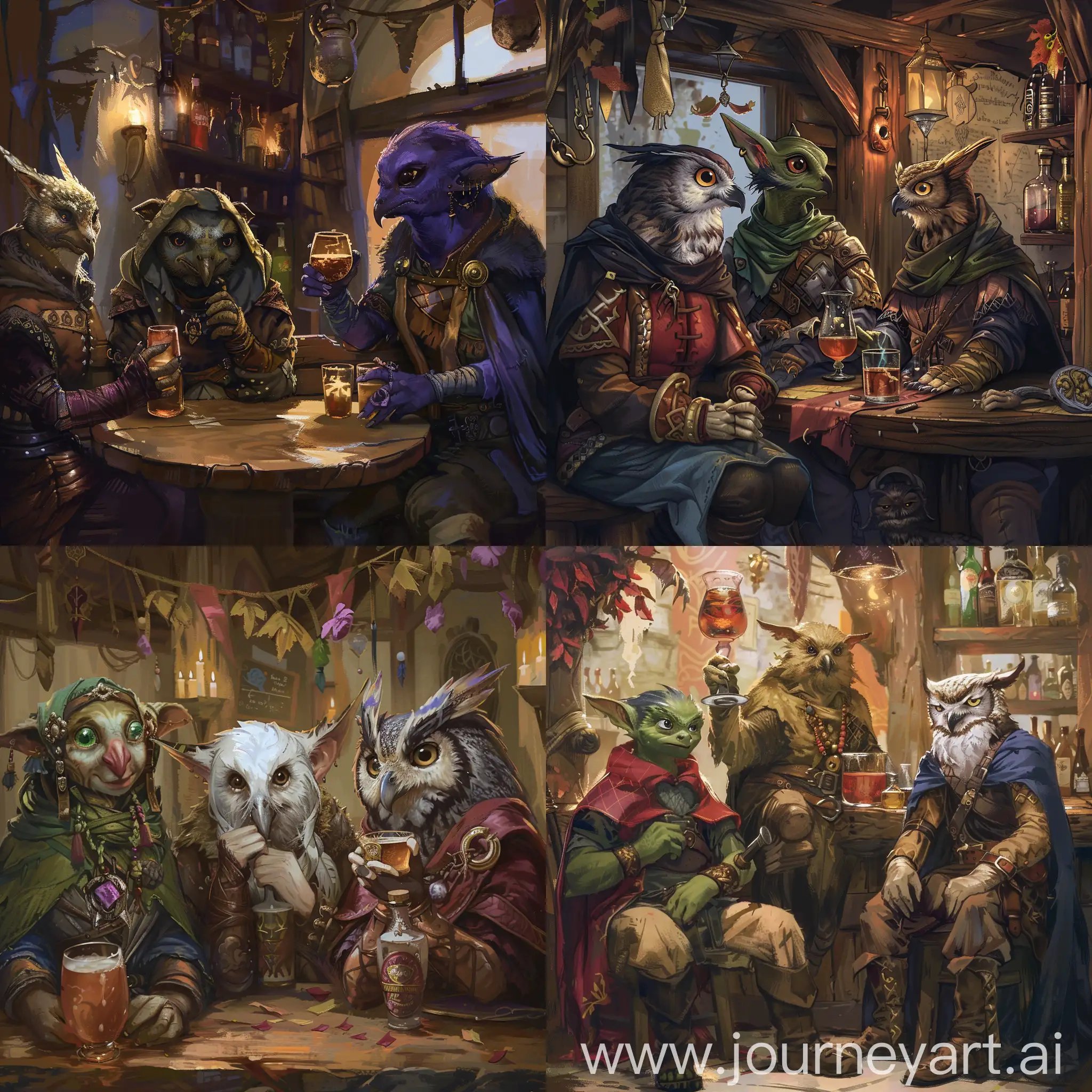Fantasy-Trio-Relaxing-in-Tavern-Tiefling-Druid-Elf-Bard-and-Human-Owl-Alchemist