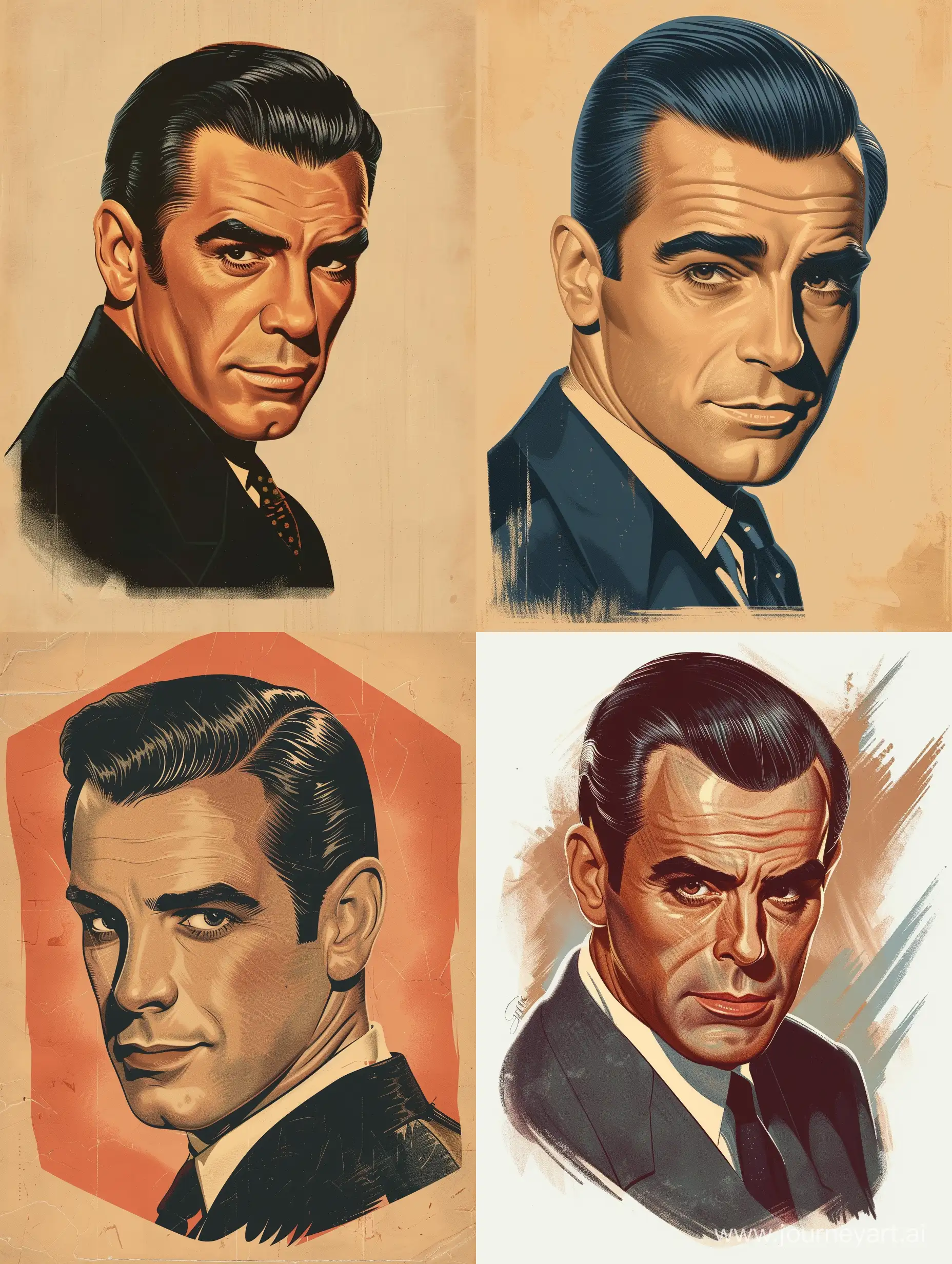 illustration in vintage style, a glamorous 1940s movie star man with dark slicked-back hair, face resembling Sean Connery as James Bond
