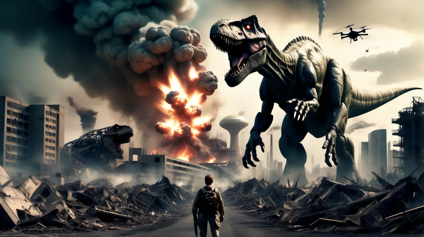 Create a poster for a fictional movie from the future, where the earth is ruled by 30-meter-tall borgs and at war with dinosaurs, in the background a destroyed burning city with a nuclear power plant -- Drone photography, Cinematic haze, powerful action shot/action motion shot, dynamic movement, intense emotion"