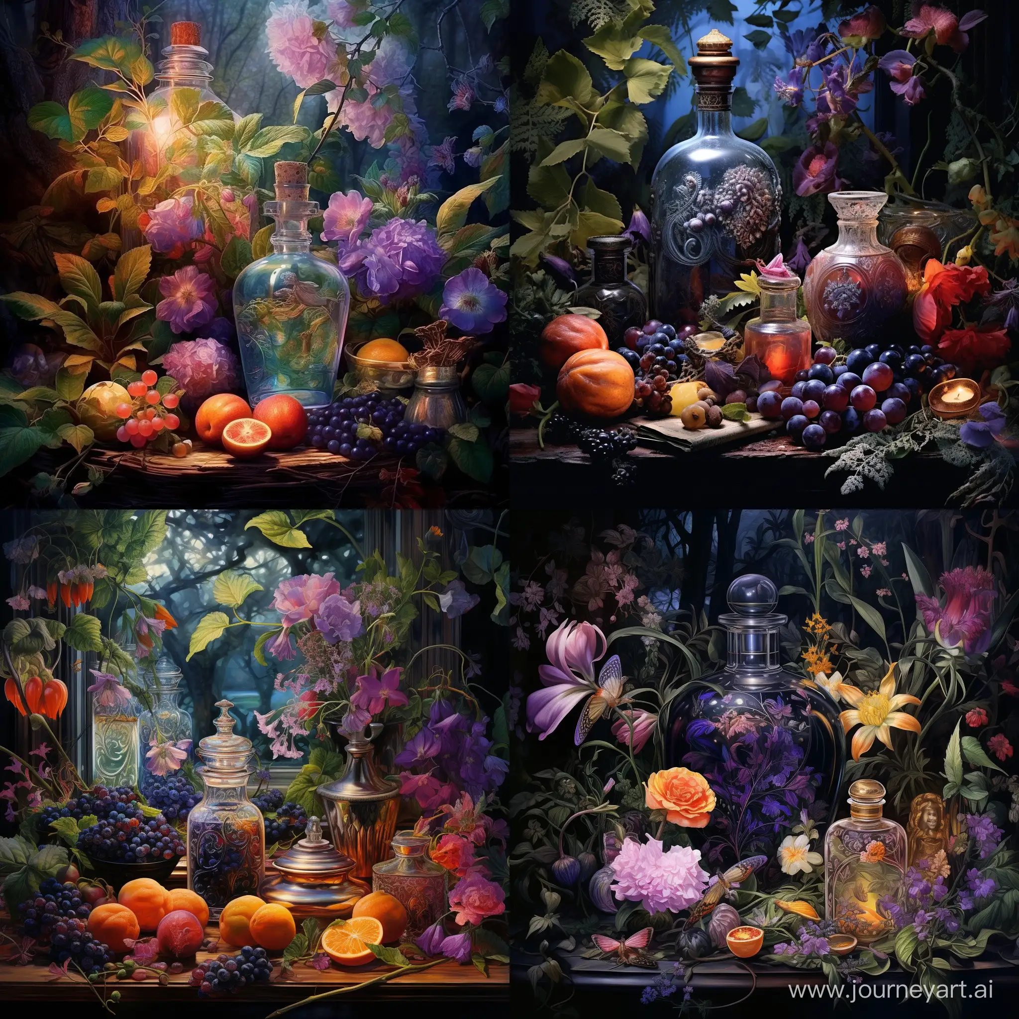 perfumes, medicinal herbs, rare flowers, goodies, fruits, nuts, realistic, detailed, dark iridescent background, atmosphere of magic and enchantment