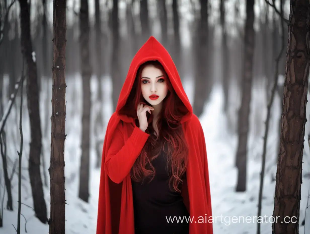 Красивая девшука с красной шапочкой в зимнем лесу