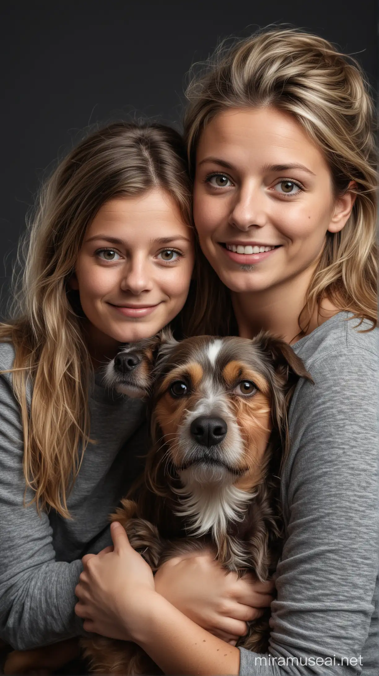 A studio photo, taken with a dark grey background, showing a mum, daughter and their dog having a cuddle. The photo is realistic, and the mum and daughter's hair is messy and not too perfect looking.