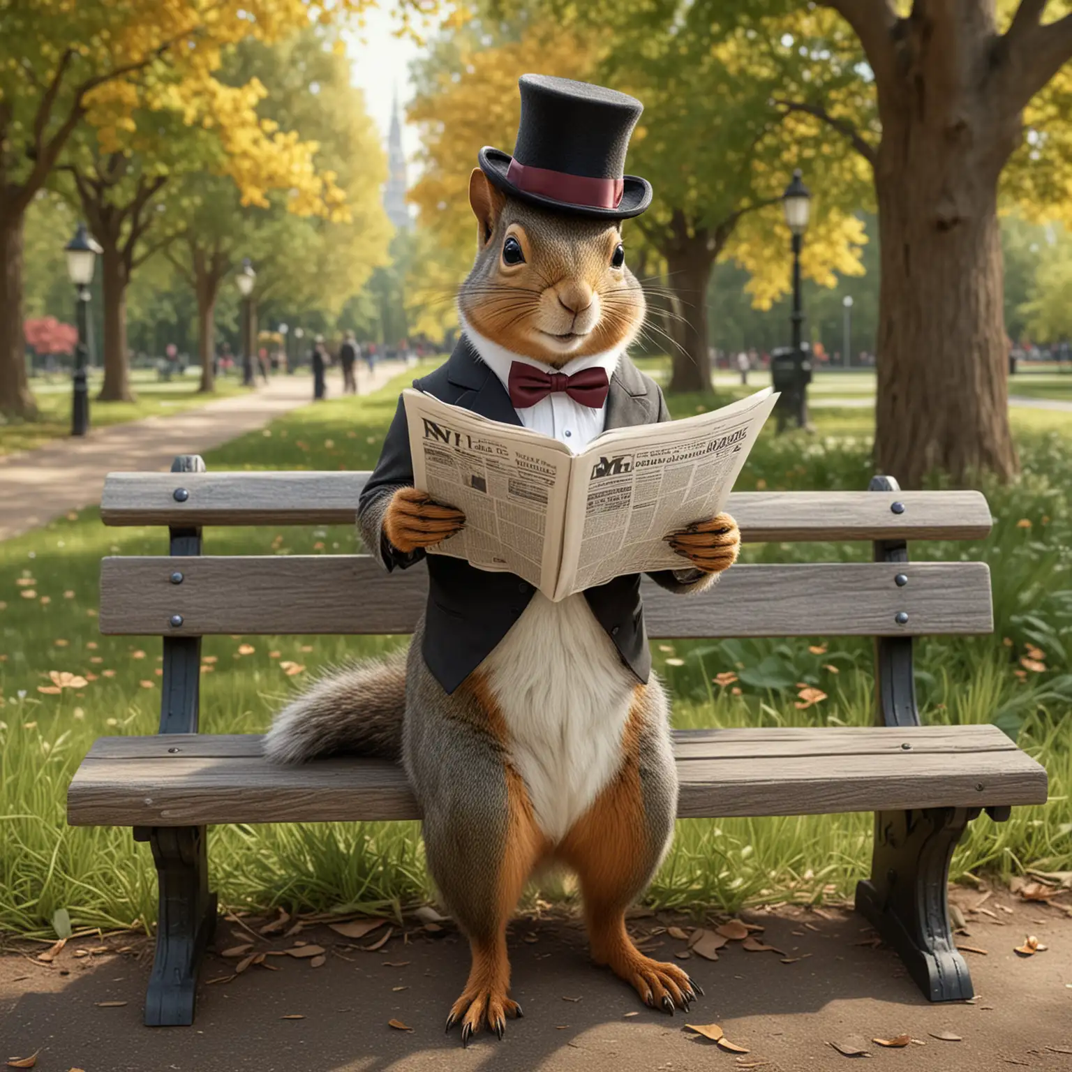 Dapper Squirrel Reading Newspaper on Forest Park Bench