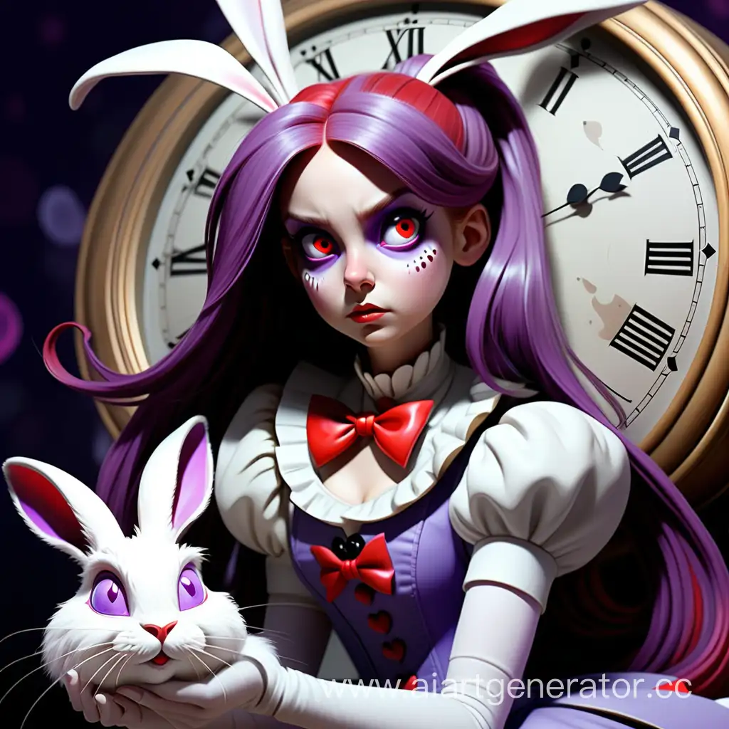 Девушка с фиолетовыми длинными волосами, высокий хвост, красные глаза, костюм в стиле белого кролика из Алисы в стране чудес, магия времени, часы остановка времени splash art