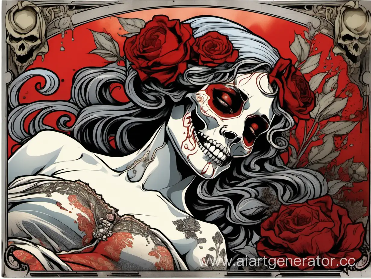 odalisque, sexy laugh skull face , assimetrical, alphonse mucha poster, explosive wild flowers dripping paint, comic book, high textured paper, hiperdetailed lineart , black,gray, red, sticker art