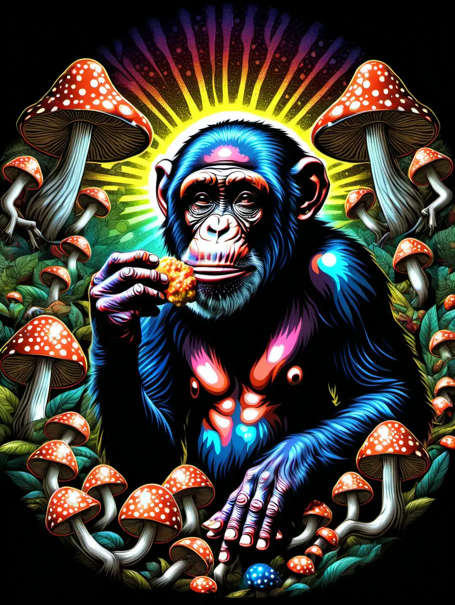 psychedelic art of a chimpanzee eating mushrooms 
stoned ape theory
On a black background