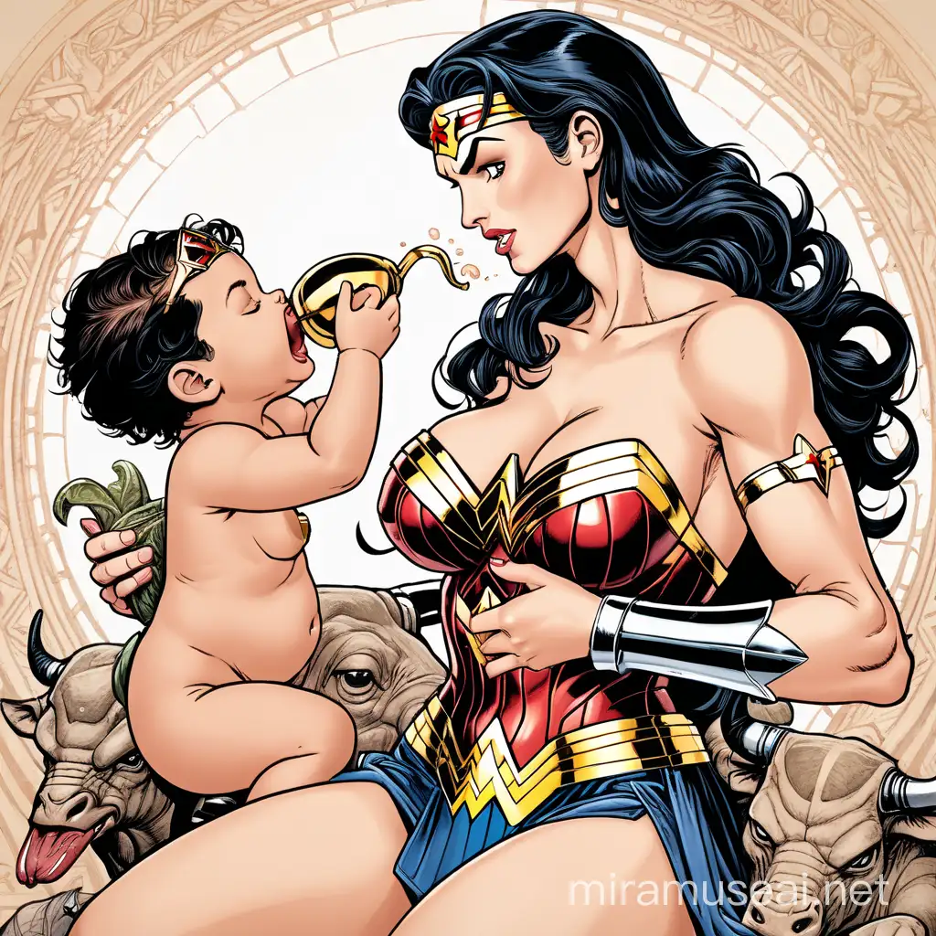 Wonder woman  with a engorded breasts,feeding a Minotaur baby 