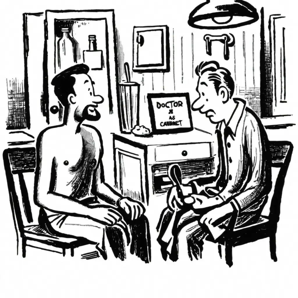  a male patient at doctor's cabinet, patient bare breasted, doctor wit a spoon in hand, tintin style