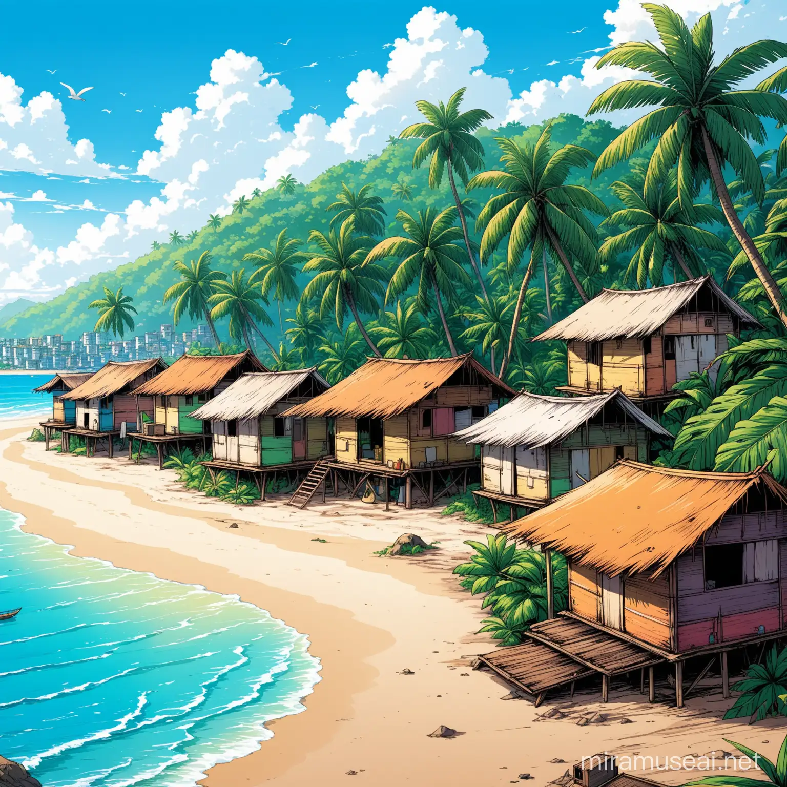 Full color drawing of a tropical slum by the beach in a sunny day