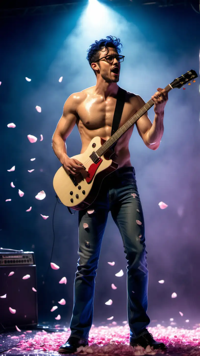 Handsome hunk shirtless muscular Short navy blue hair stubbles hairy glasses show chest show abs show legs full body shot very sweaty very wet oiled up blue jeans rose petals falling mic stand guitar singing careless whisper gay disco pink spotlights raining 