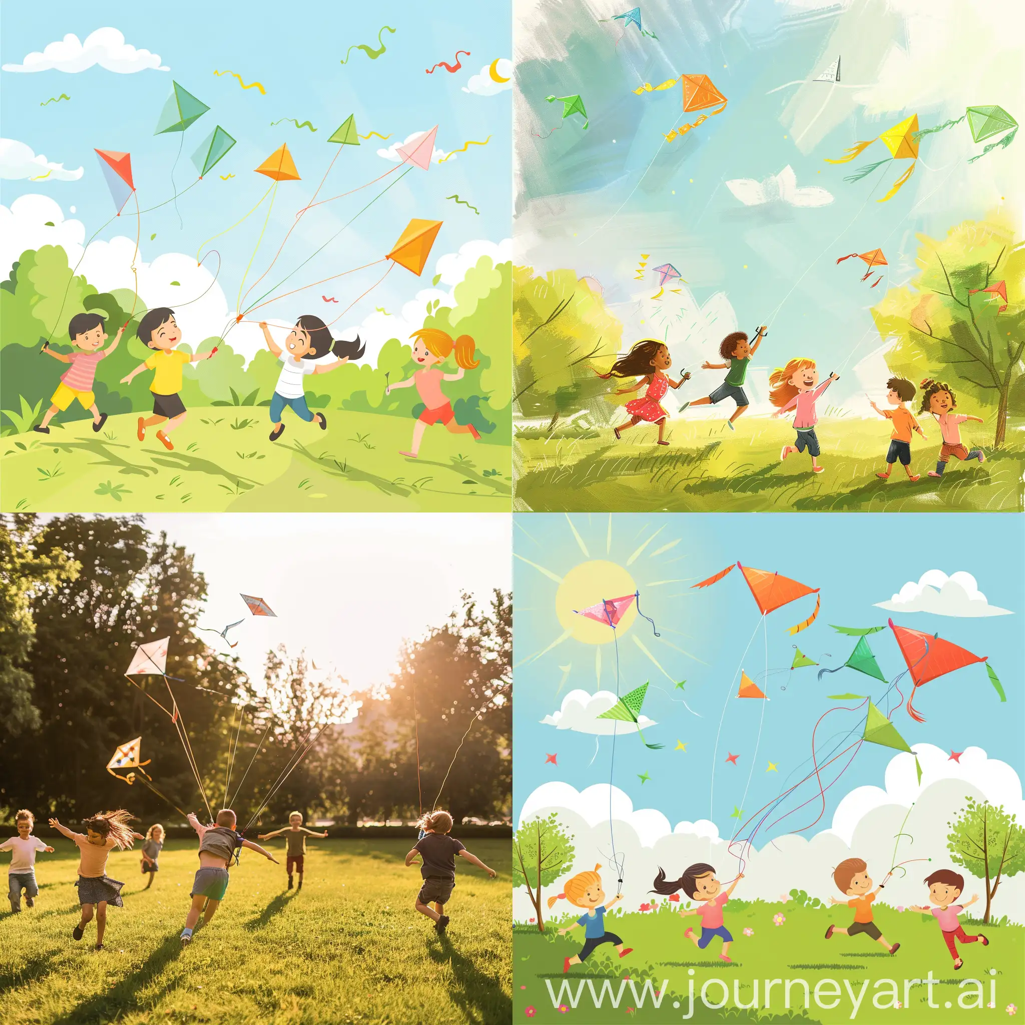 阳光明媚的上午，草地上奔跑放风筝的小孩