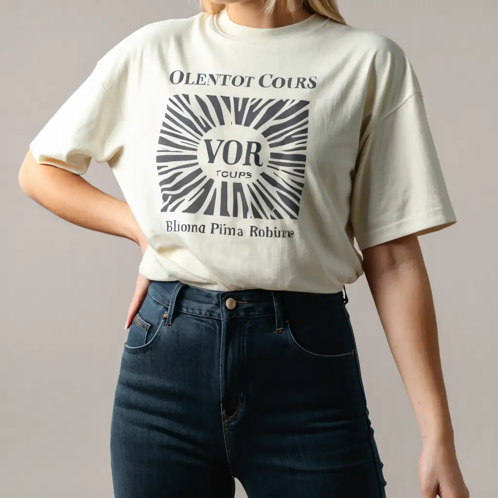 blonde woman comfort colors ivory oversized t-shirt mockup, wearing jeans, simple  background