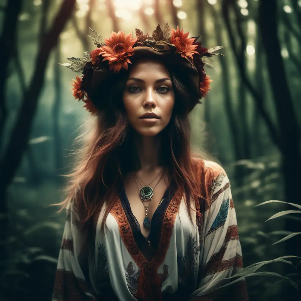 create an image of a woman in bohemian vibes and nature. tones of calm and mystery. background is otherworldly

