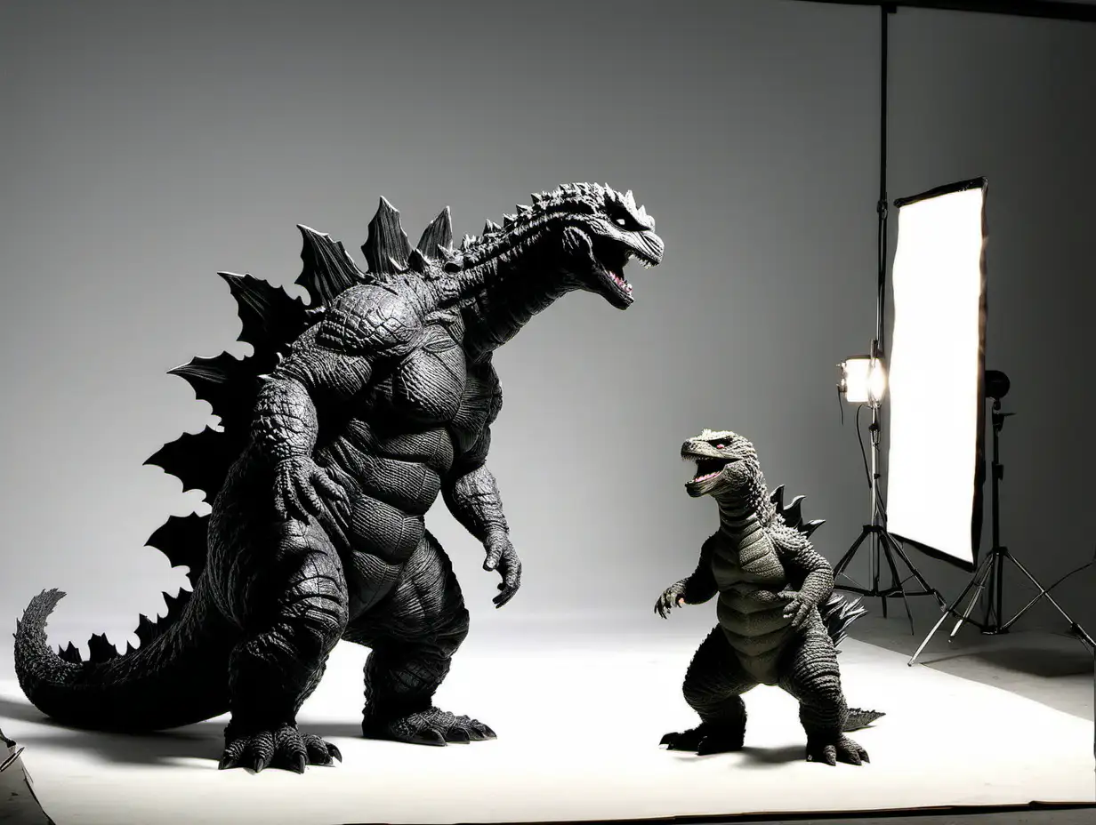 Godzilla and baby Godzilla in a photo studio