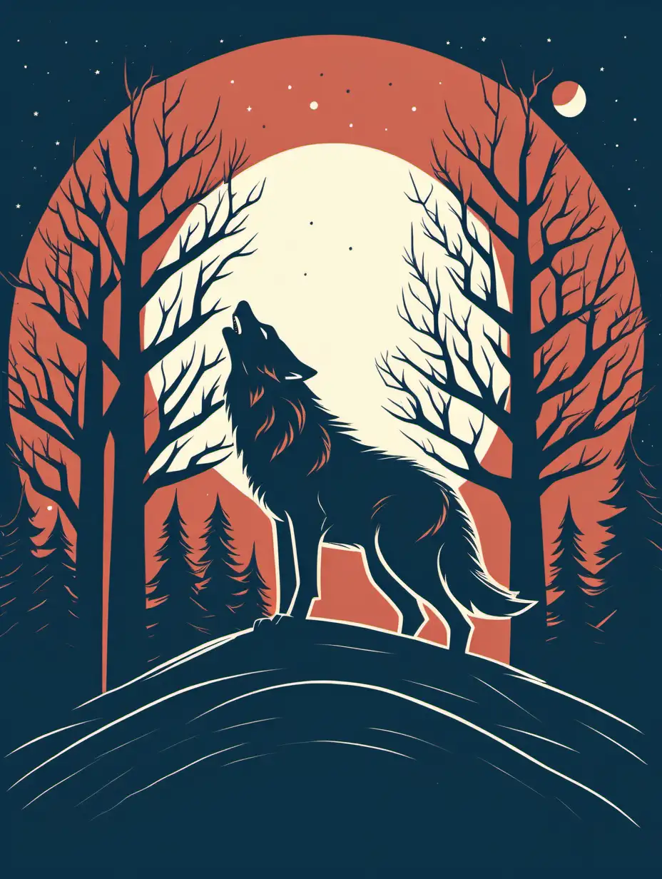 Minimalistic Illustration of Wolf Howling at the Moon with Trees