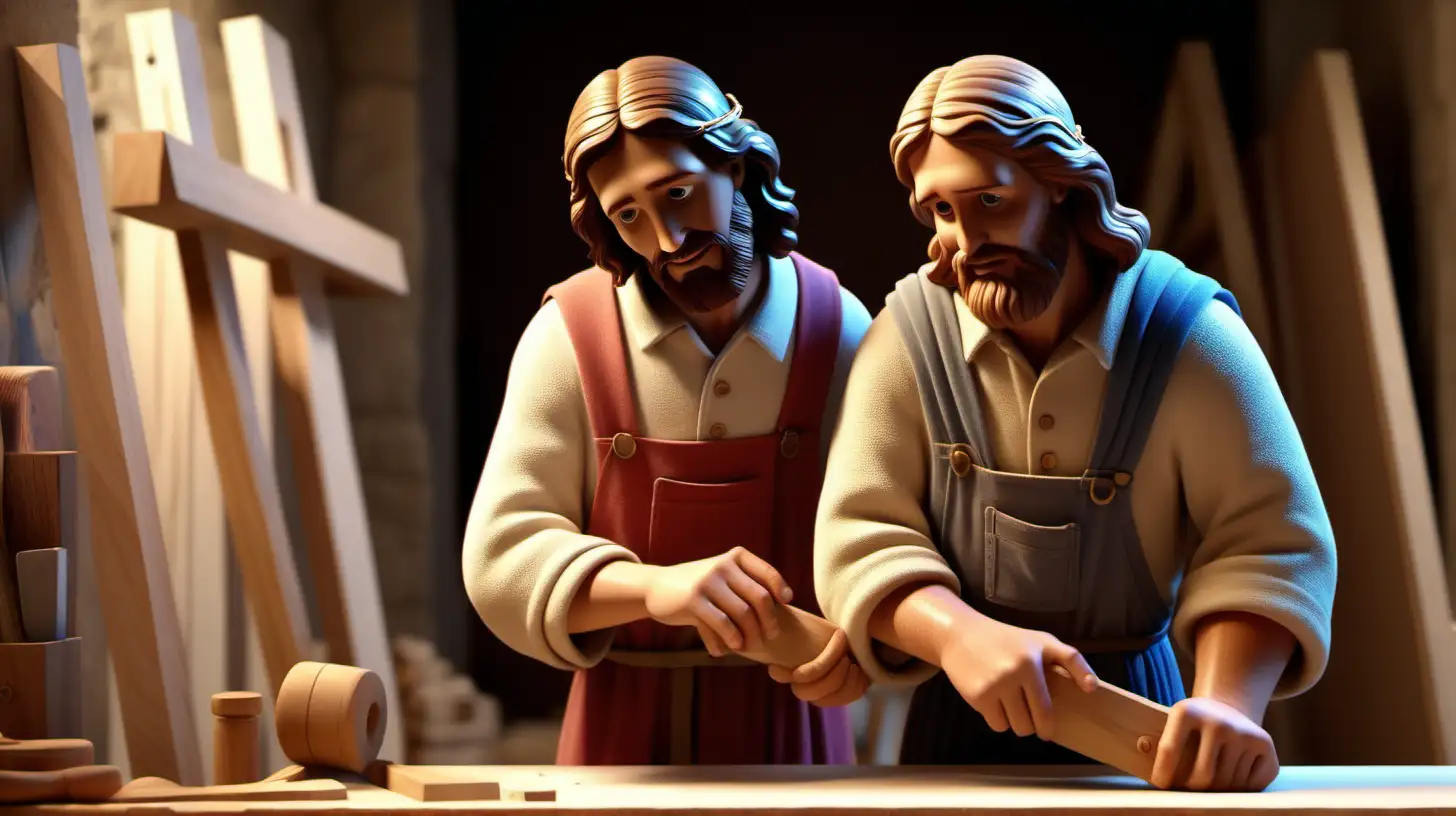 Jesus and Joseph HyperRealistic Carpentry Ultra HD PixarStyle Scene