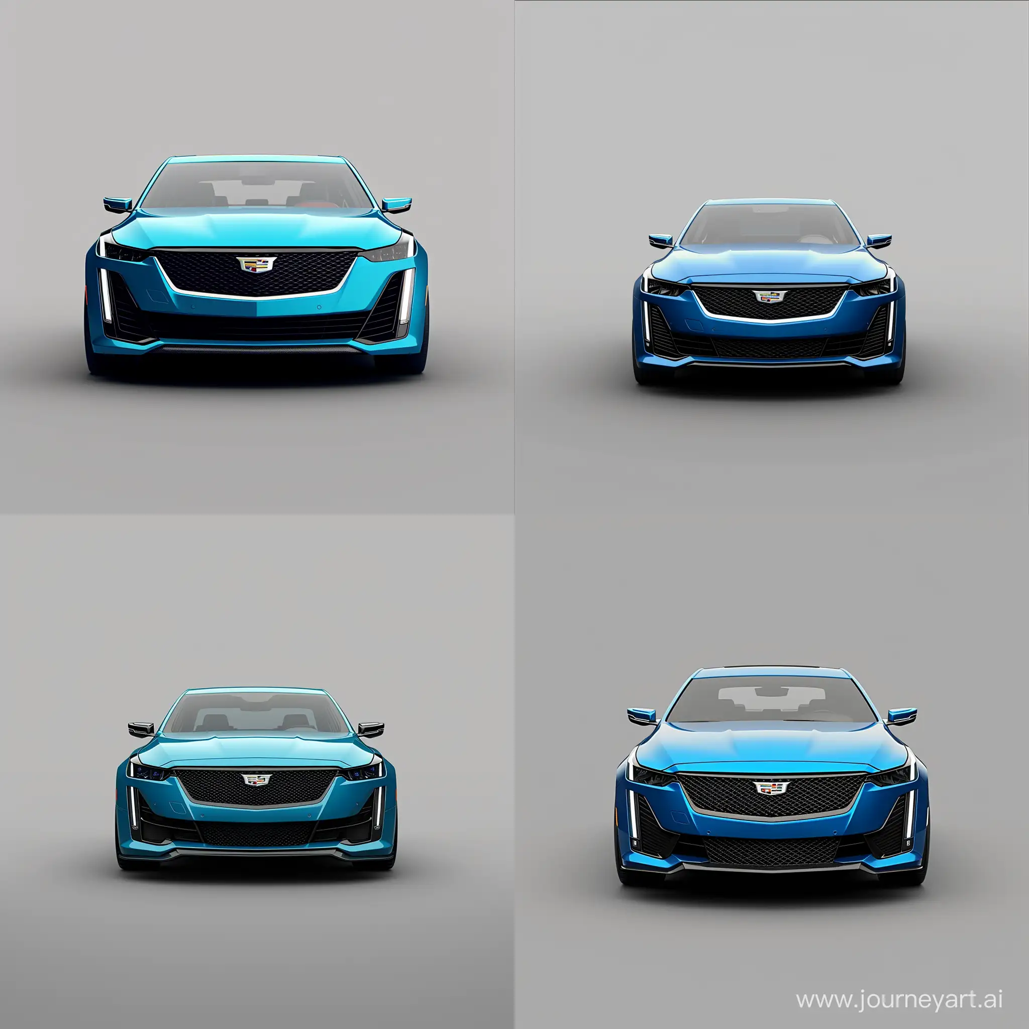 Minimalism 3D Illustration Car of Front View, Cadillac CT5: Bold Blue Body Color, Simple Gray Background, Adobe Illustrator Software, High Precision --v 6.0 --s 100