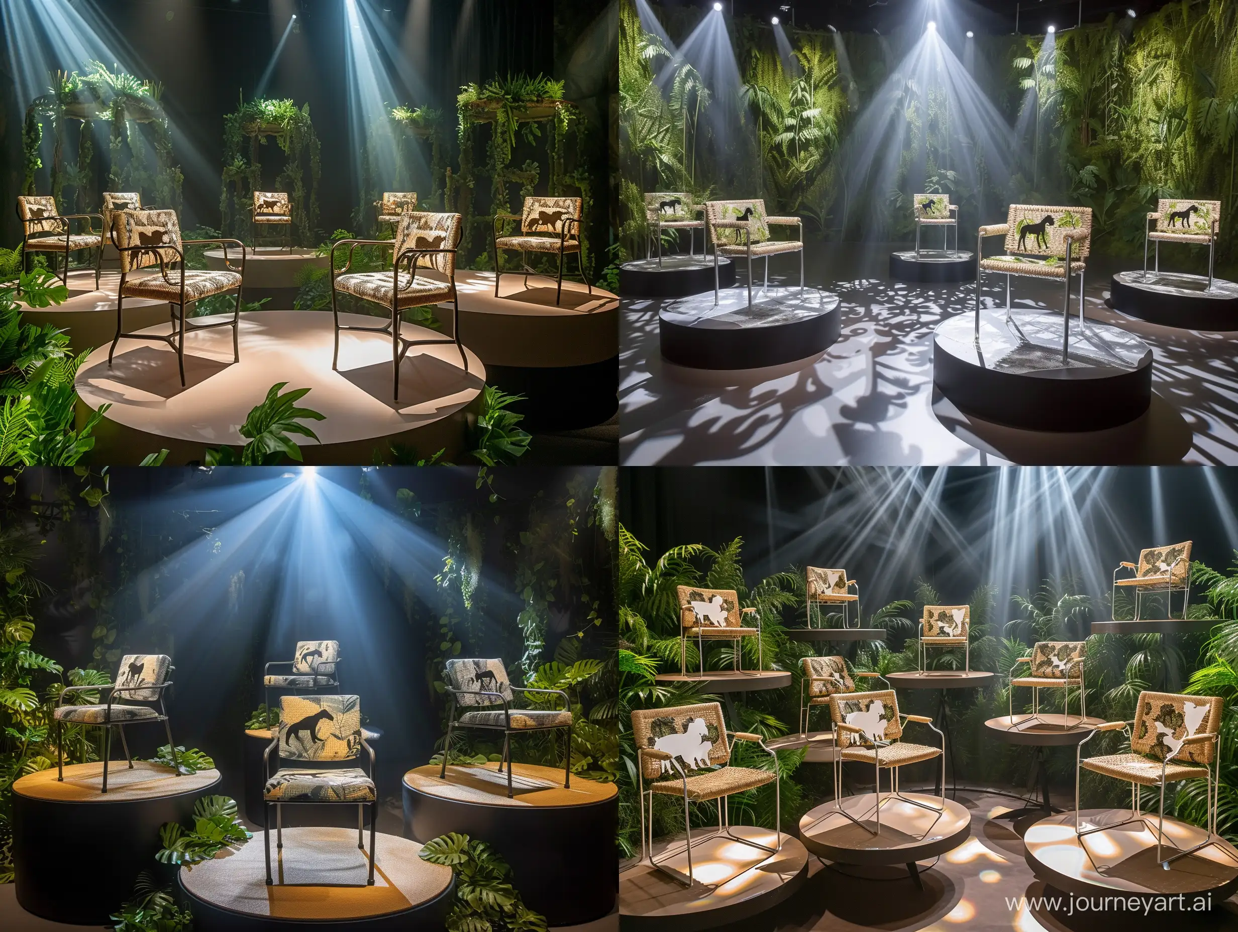 imagine imagine Safari Collection Display: As the centerpiece of the showroom, this zone captivates with its arrangement of chairs (each weighing approx. 1kg), placed on circular platforms amid lifelike faux foliage. The display evokes the wild beauty of the savannah under spotlights that mimic the natural sunlight, highlighting the recycled aluminum frames and woven plant fiber seats of each chair, complete with animal silhouettes.realistic style"realistic style