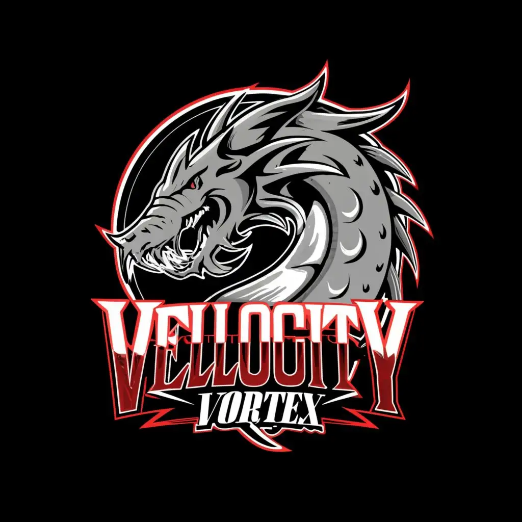 logo, Dragon, with the text "Velocity Vortex", typography