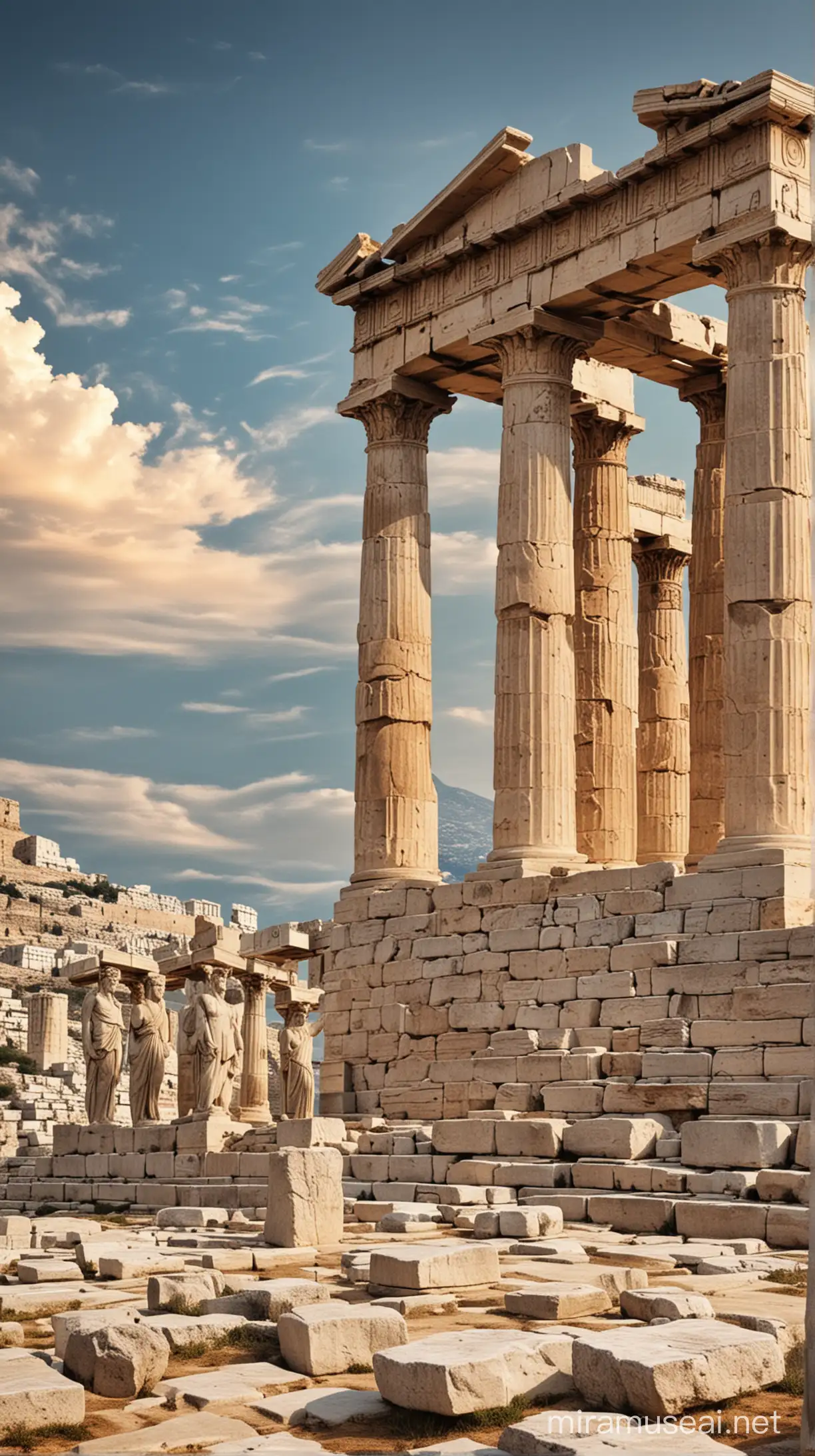 Ancient Greek Ruins Mystical Columns Amidst Timeless Terrain