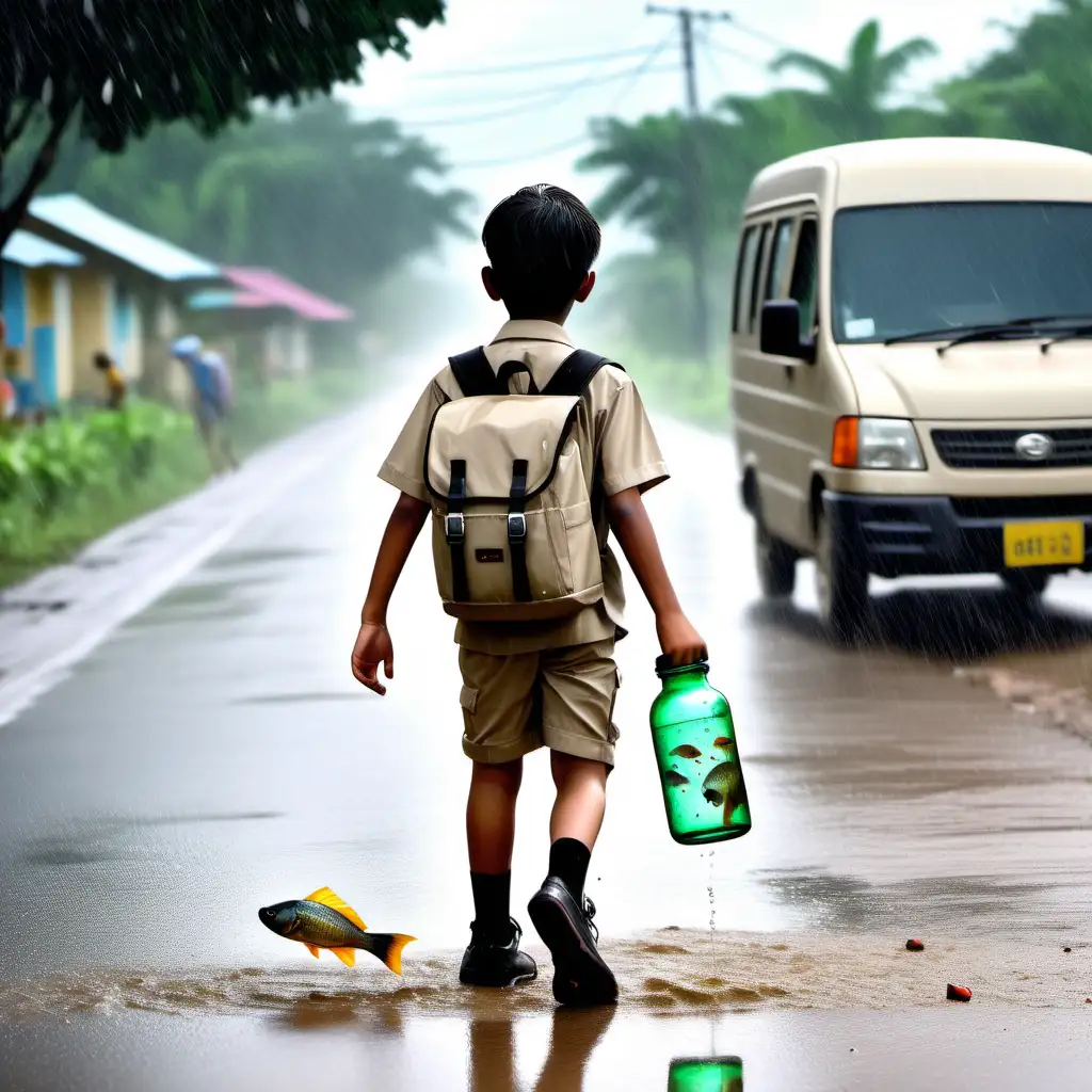 Adventurous Schoolboy with Sparkling Gourami Fish in Rainy Rural Jamaica