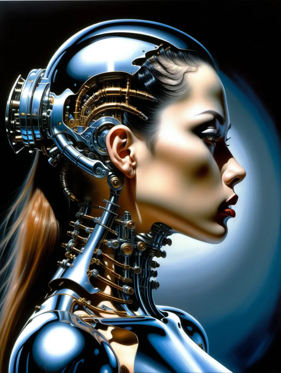 Chrome Cyborg Woman Profile in Sorayama Dark Fantasy Film Oil Painting