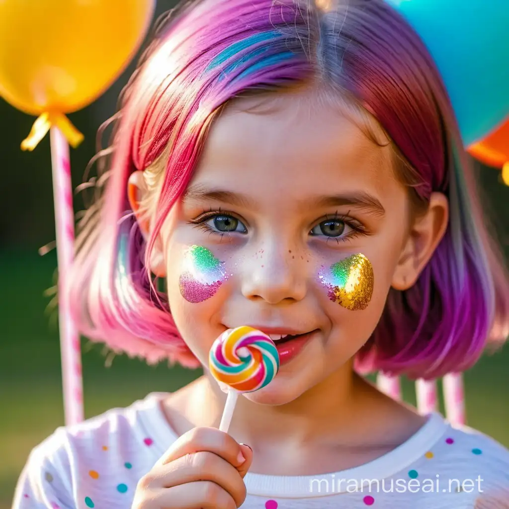 Colorful 9YearOld Girl Enjoying a Glittery Lolipop in CloseUp 4K Shot