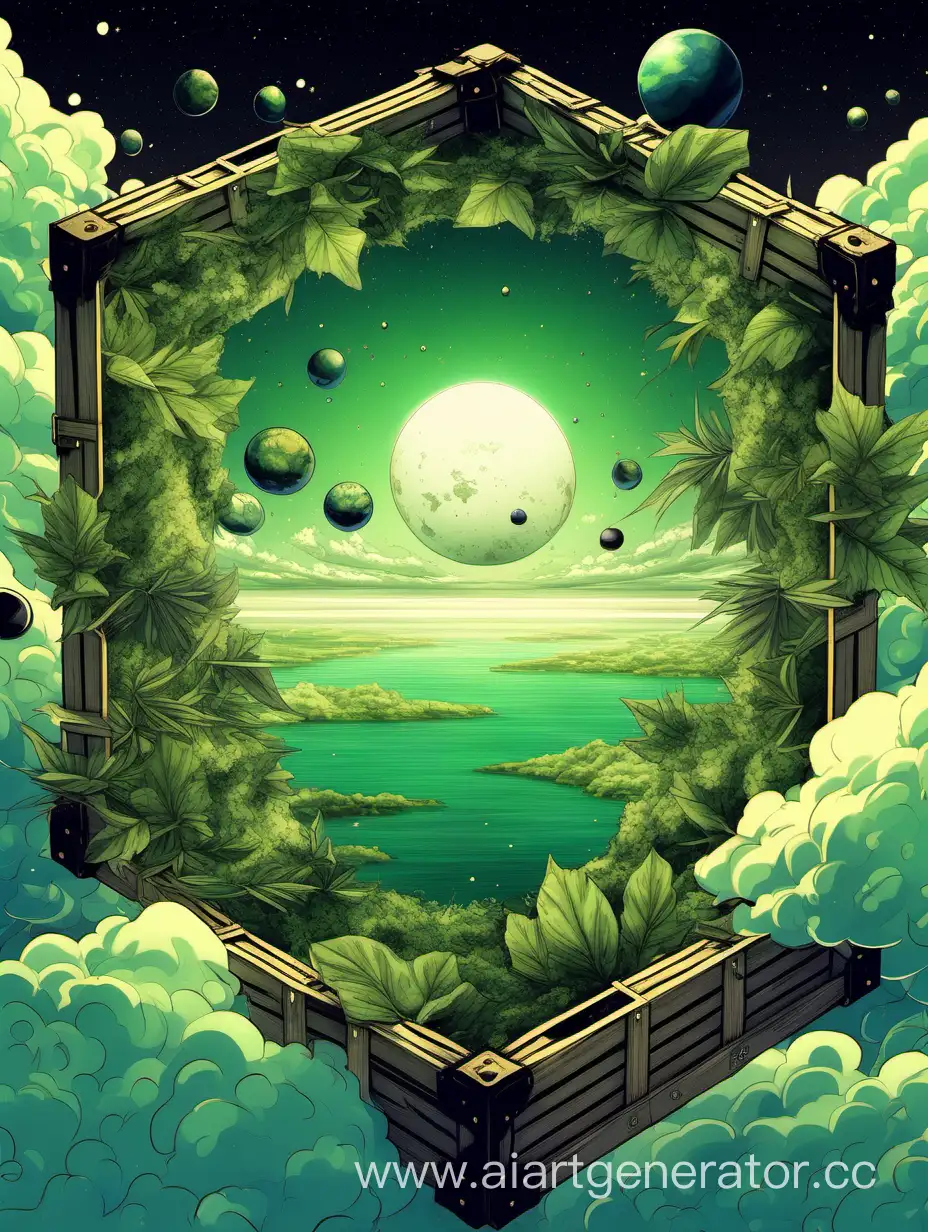 Dark green, haki, olive and black colors, at the bottom of the image is clouds, at the middle is flying island, on top is hardly seeable planets far away, and at the center of the image is a crate where i can put text in. and leaves all over the image