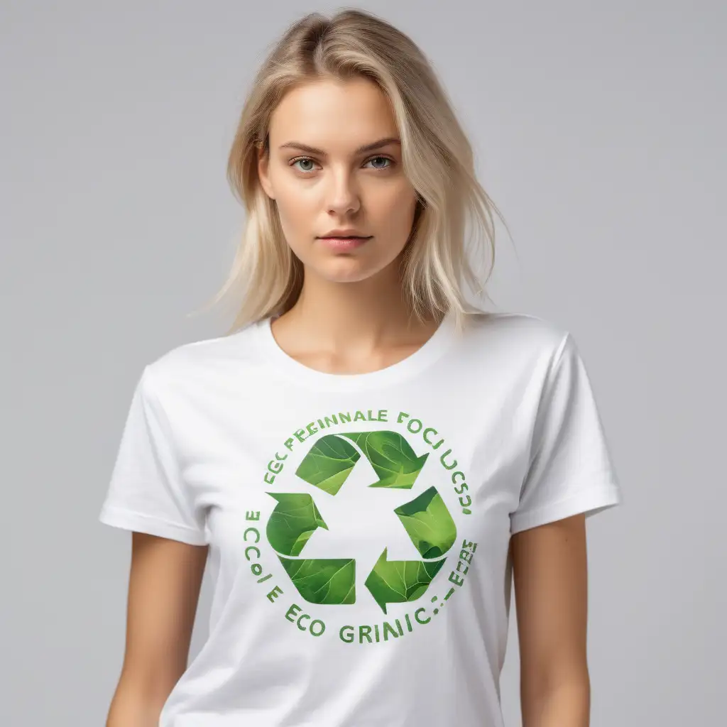 A white female model  dressed in a white short sleeved t-shirt with a eco friendly theme printed on it. The focus is on the tee shirt