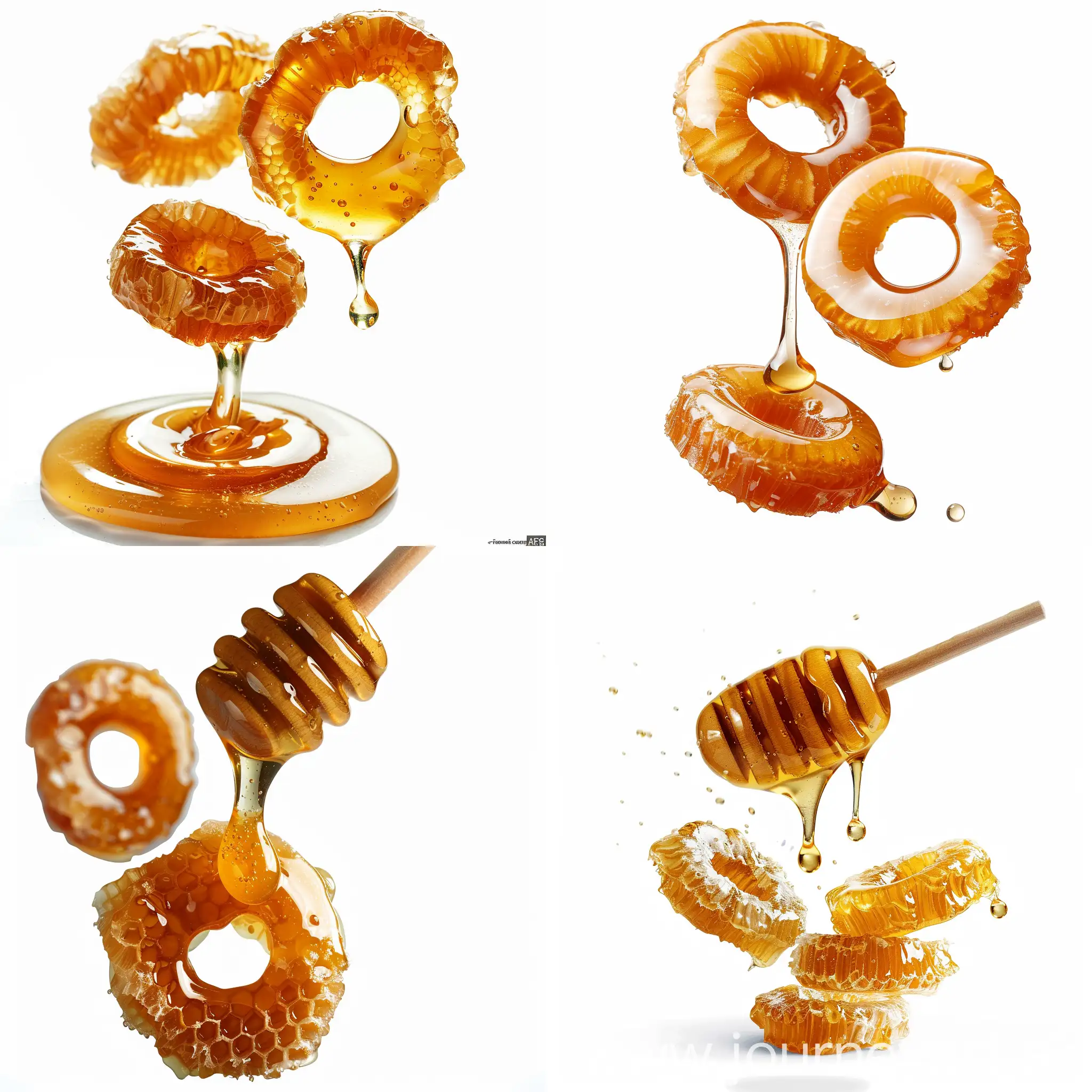 Flying-Honey-Rings-Ready-Breakfast-on-White-Background