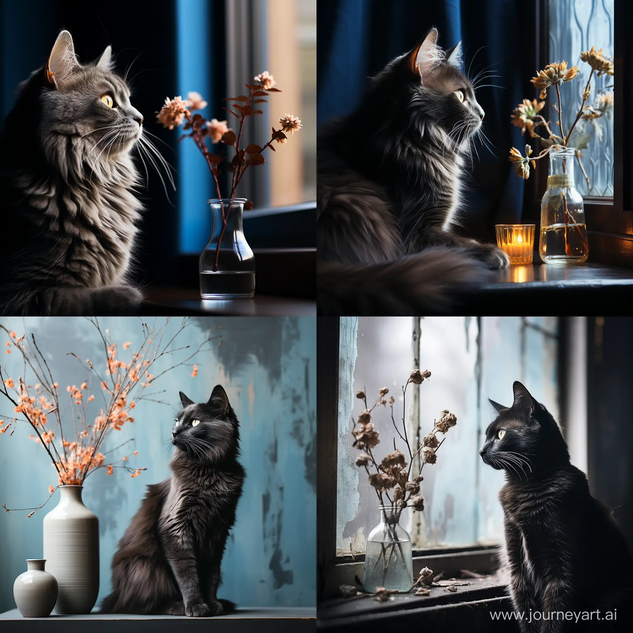 Минимализм, голубая кошка с черными узорами лениво на фоне окна, мягкий свет проникает через окна отбрасывая блики на кошку, --s 1000