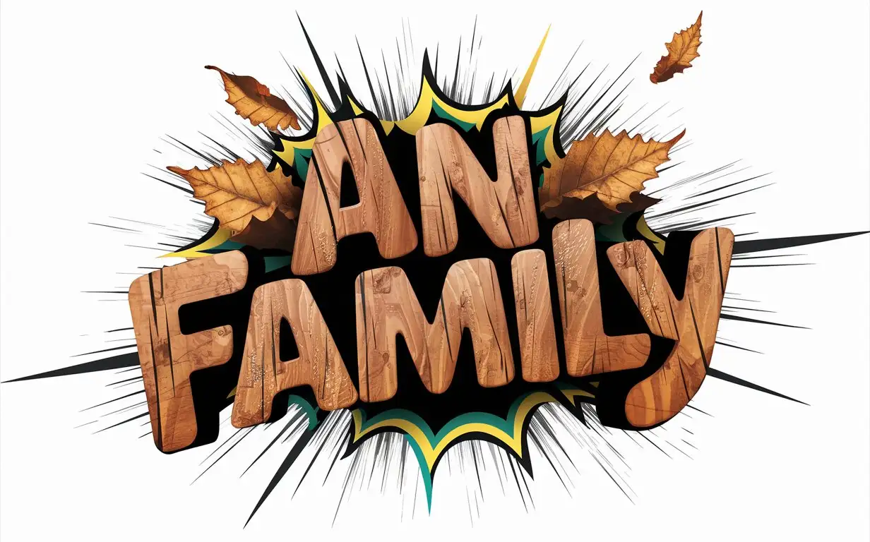 buatkan sebuah logo 3d sebuah tulisan 'AN FAMILY" dengan unsur semburan cat warna warni, unsur serat kayu dan daun kering.