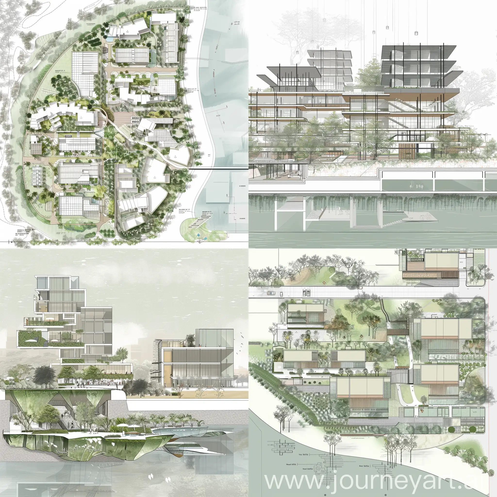 Design an architecture plan and section in 2d for a business park and the buildings take form from mangrove restoration.