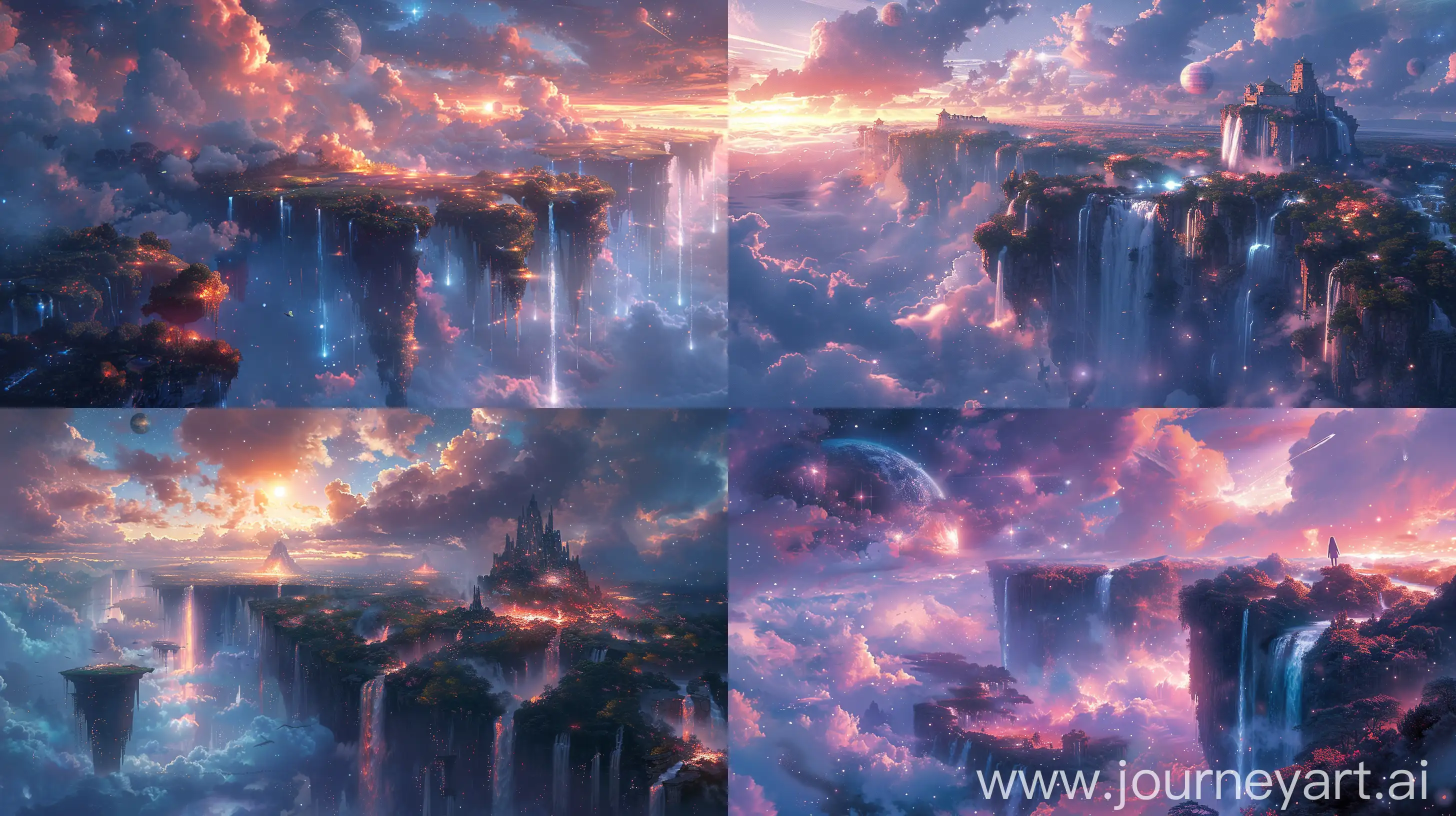  An ethereal dreamscape, floating islands with waterfalls and luminous flora, celestial bodies close in the sky, pastel nebulae, magical aura, inspired by Studio Ghibli's fantastical environments, high fantasy --ar 16:9 --s 700 --v 6