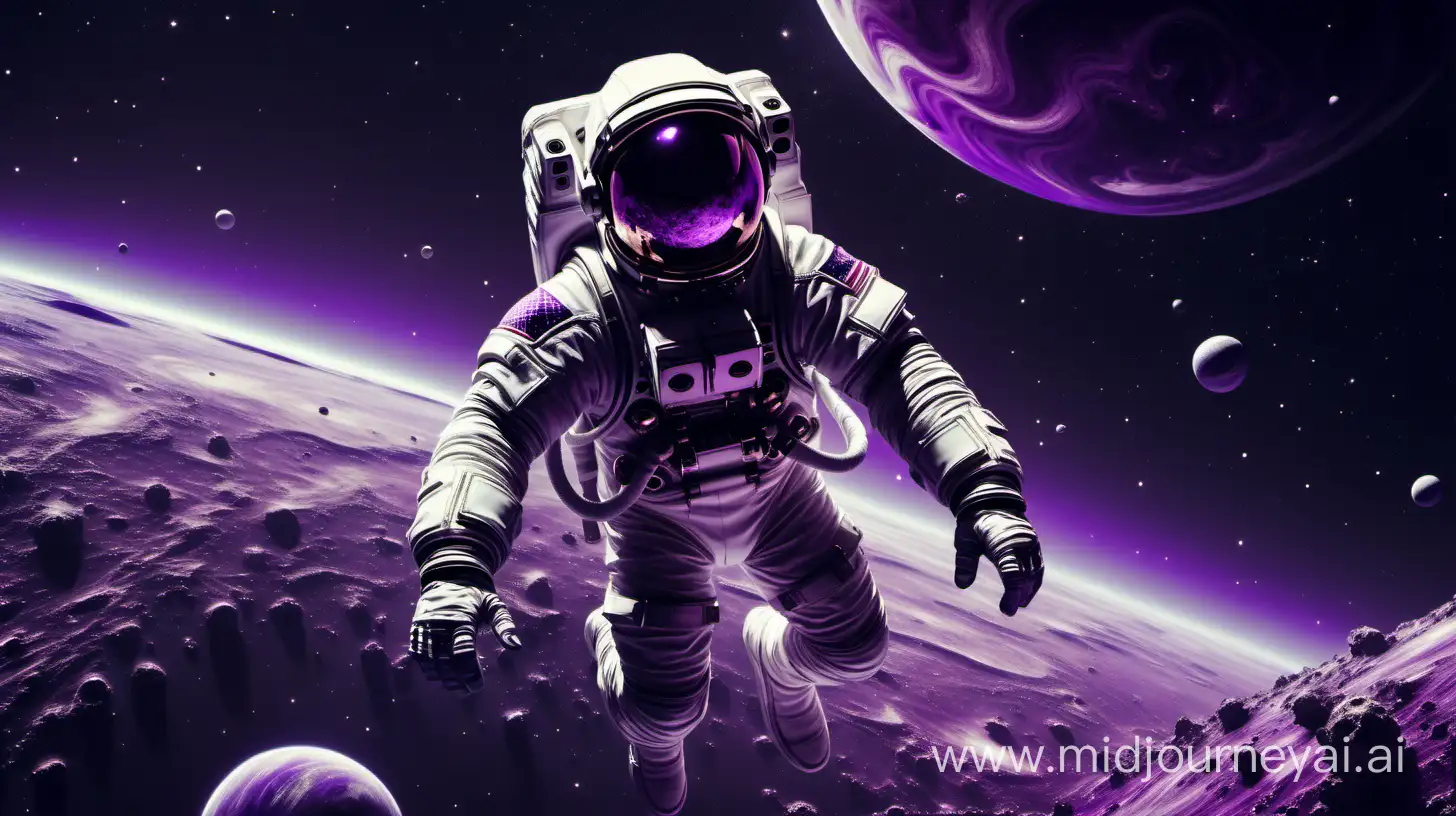 astronaut floating above planet in space with purple tones and a quiet serious mood