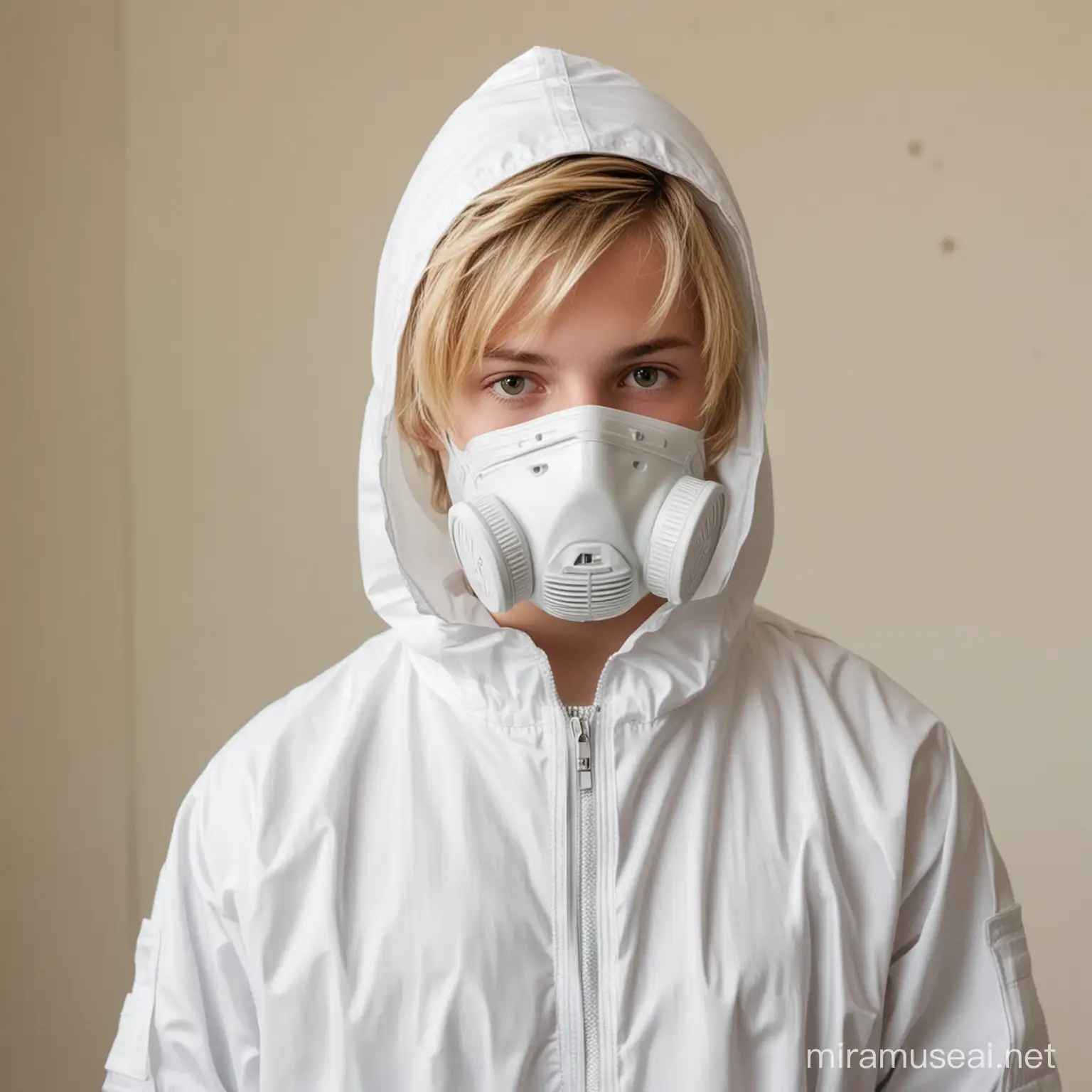 blond teen boy in white hazmat suit