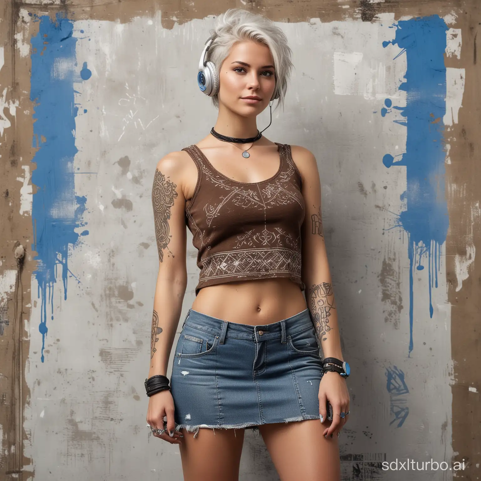 A (((Viking woman))) dressed in a (((brown fur top))), stylishly paired with a short, distressed ((gray mini skirt)), sporting messy long, white hair and intricate (war blue) facial tattoos, accessorizing with sleek headphones and beautifully proportioned legs, all framed under a low angle that captures the (anatomically perfect) symmetry of her figure, with (stencil graffiti) and (tempera paint) colors colorfully juxtaposed in the background, evoking the principles of the golden ratio
