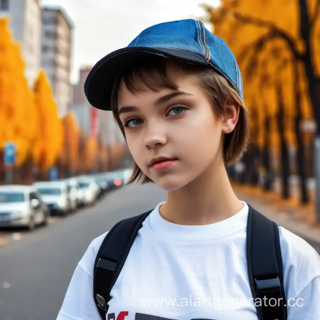 Beautiful girl, singer,
15 years old,
Russian,
denim baseball cap,
short hair,
white T-shirt,
black collar,
standing right
against the background of an autumn city street.