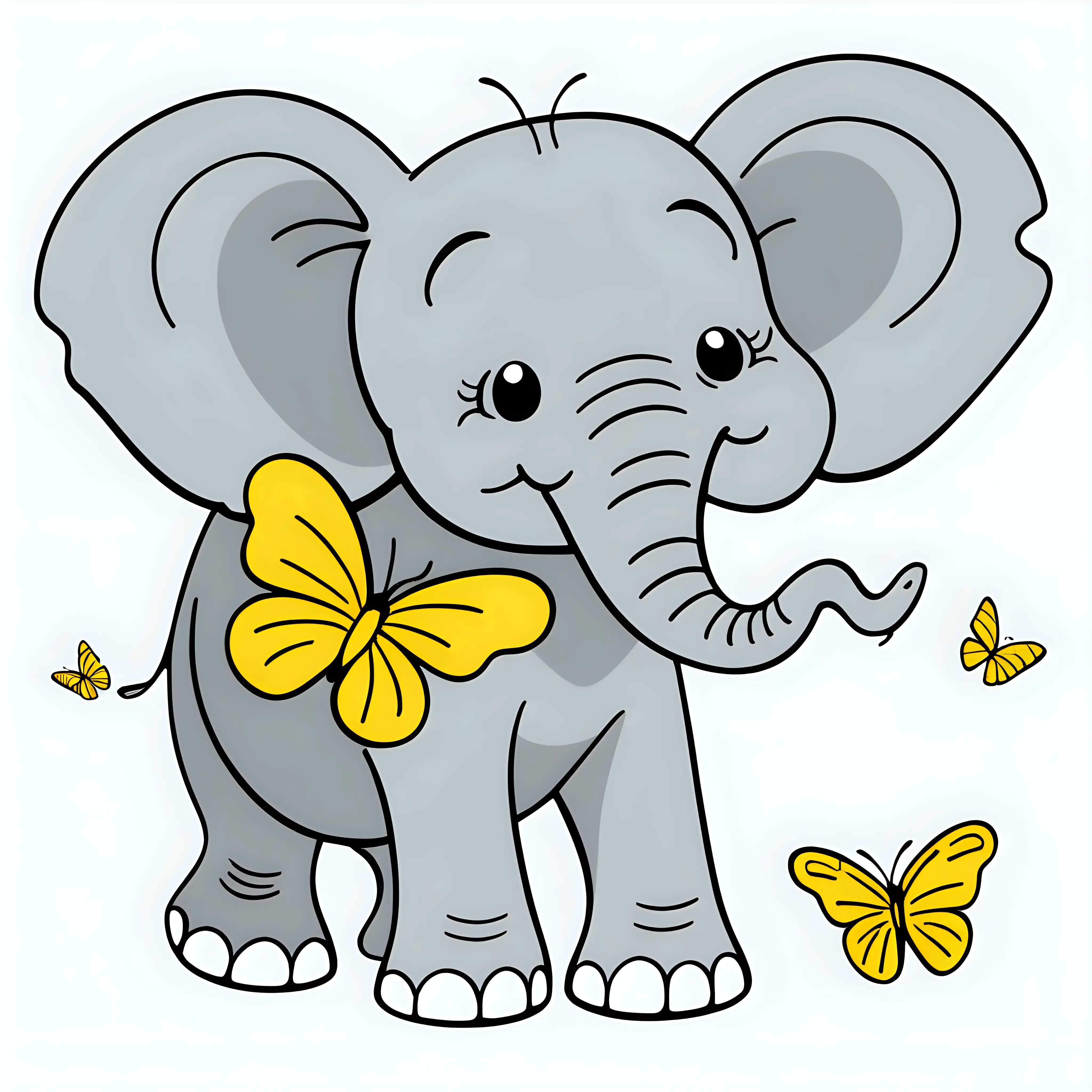 Cheerful Cartoon Elephant and Butterfly on White Background