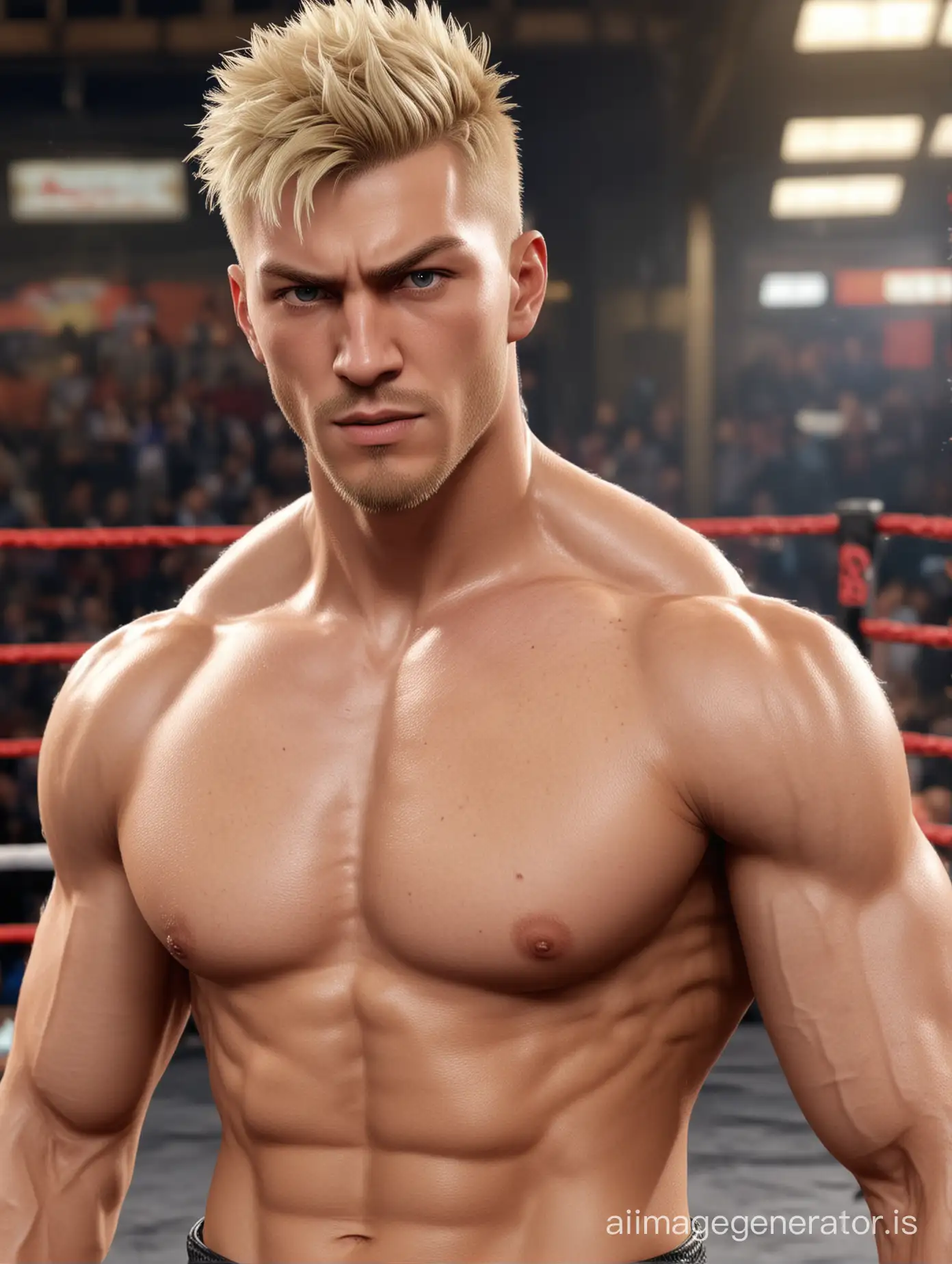 full body shot, hot guy in video game, in tekken, shirtless, boxer, in boxing ring, 8k, detailed face and eyes, blonde, buzzcut, hairy chest, intense look, winning pose