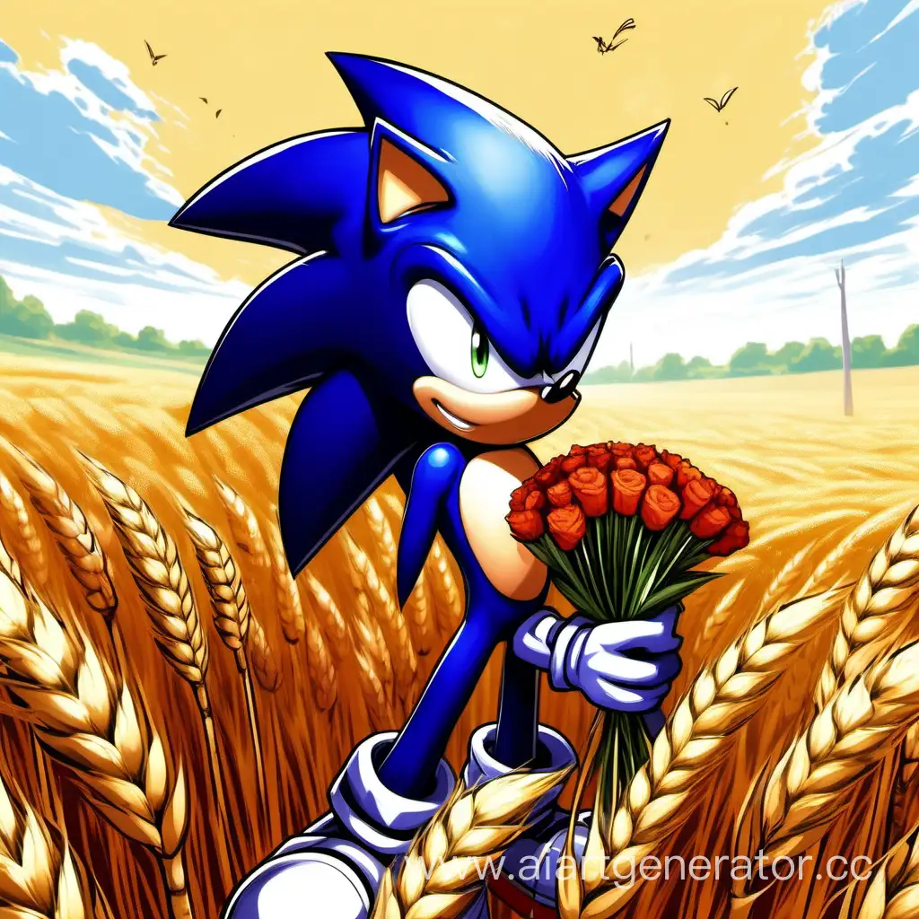 Черный Соник стоит с букетом цветов в руках в пшеничном поле