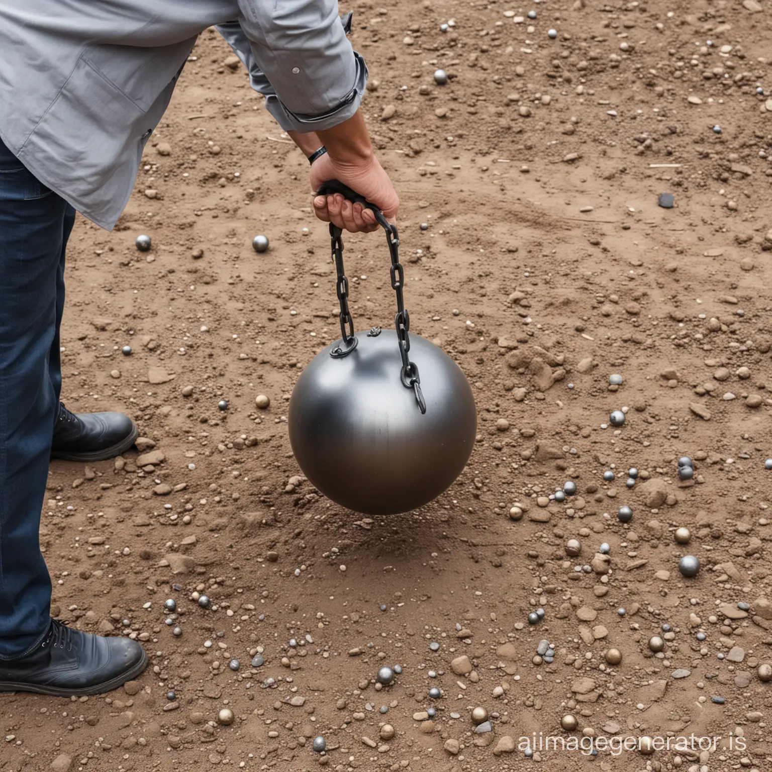 lifting the metal balls by a man from the ground
