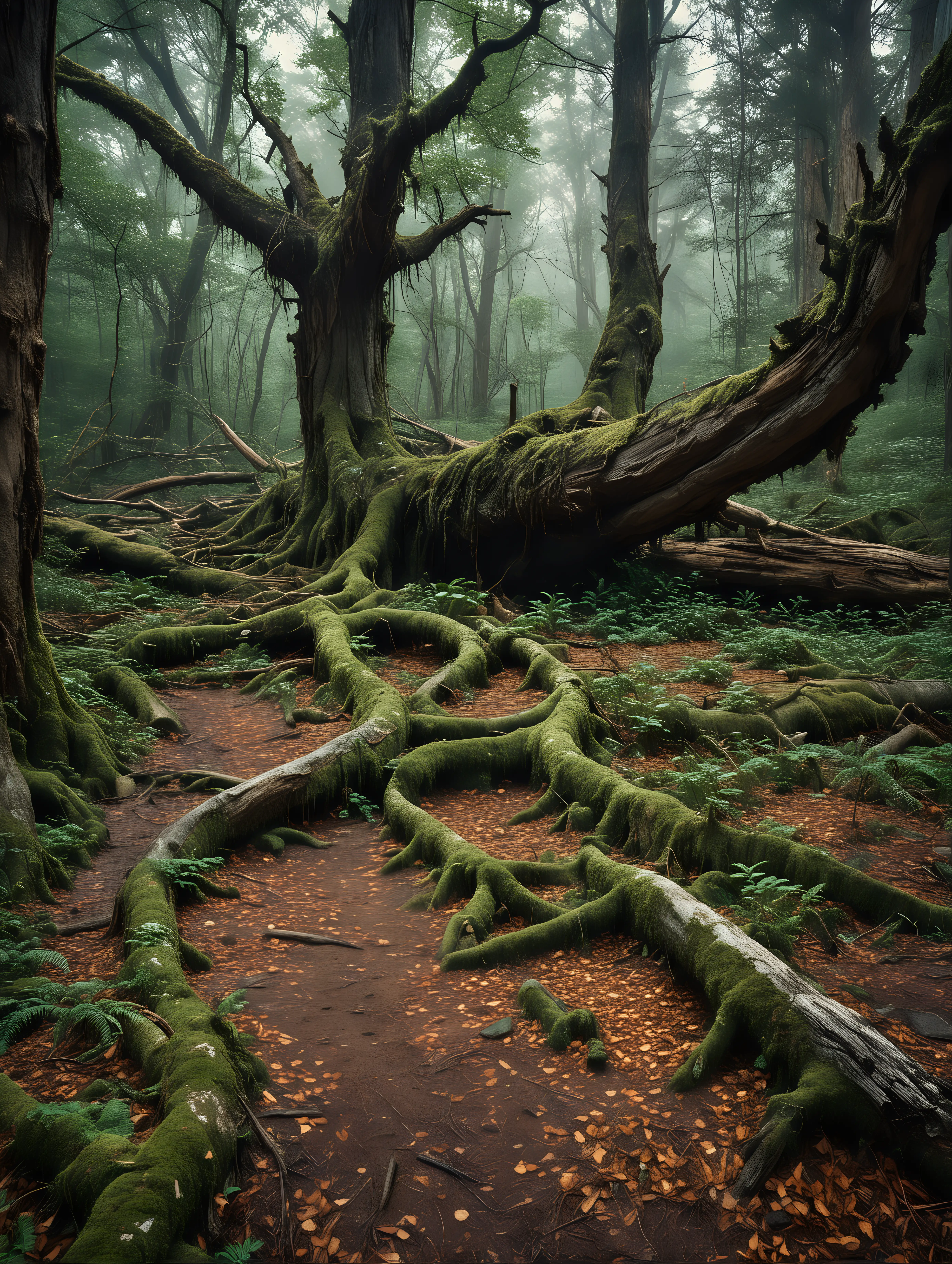 Enchanted Forest with Ancient Trees and Rotting Logs