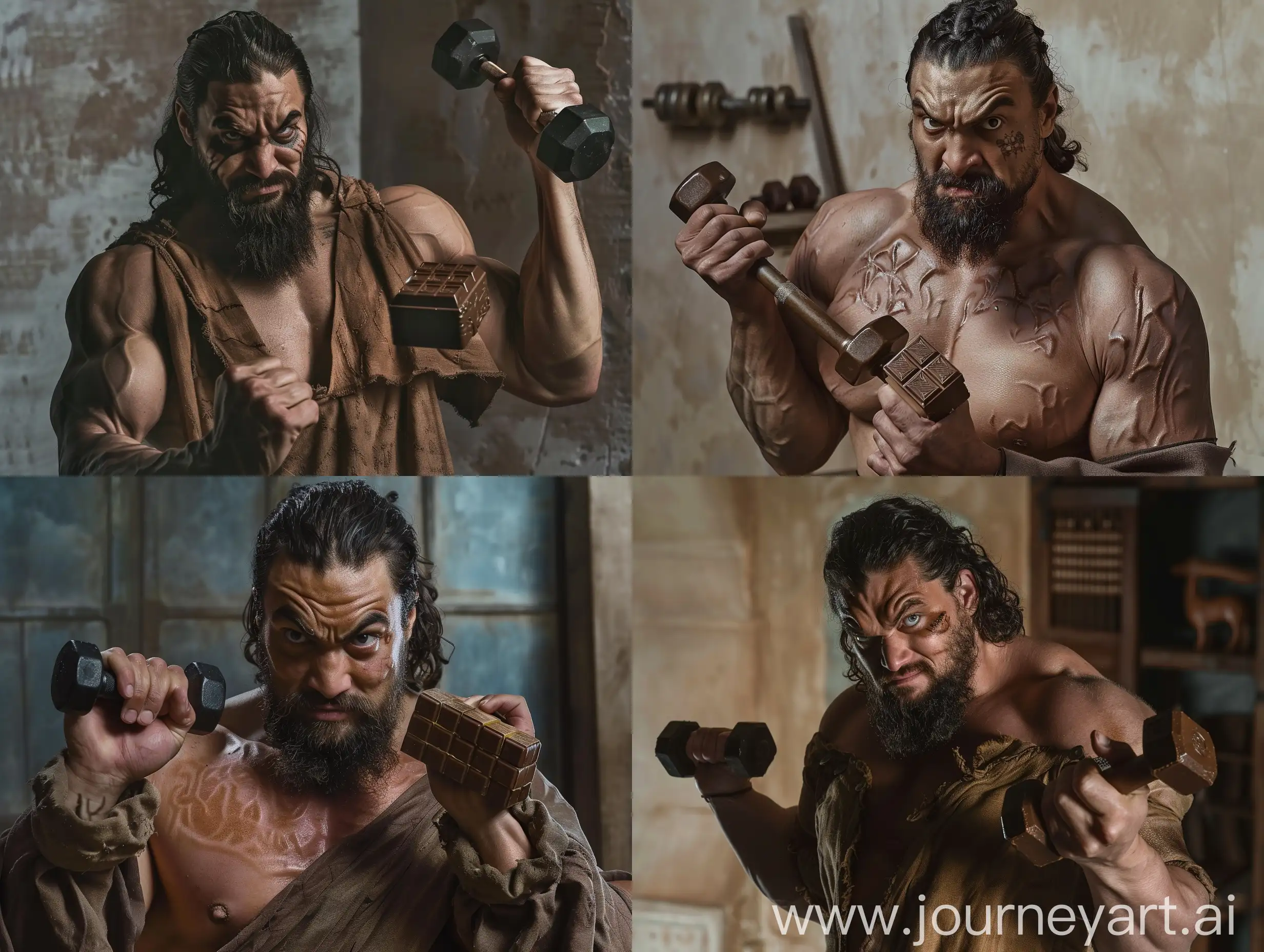 Khal Drogo (played by Jason Momoa) in Game of Thrones series, Khal Drogo's face and body is very fat, he is very overweight, he has a very fat body, Khal Drogo is wearing an old brown tunic Khal Drogo in the club Winterfell is exercising. Khal Drogo holds a dumbbell in his right hand, holds a bar of chocolate in his left hand, Khal Drogo looks at the camera with a mischievous smile, the style of The Witcher, the lighting is classic, realistic, clear, full body, q2