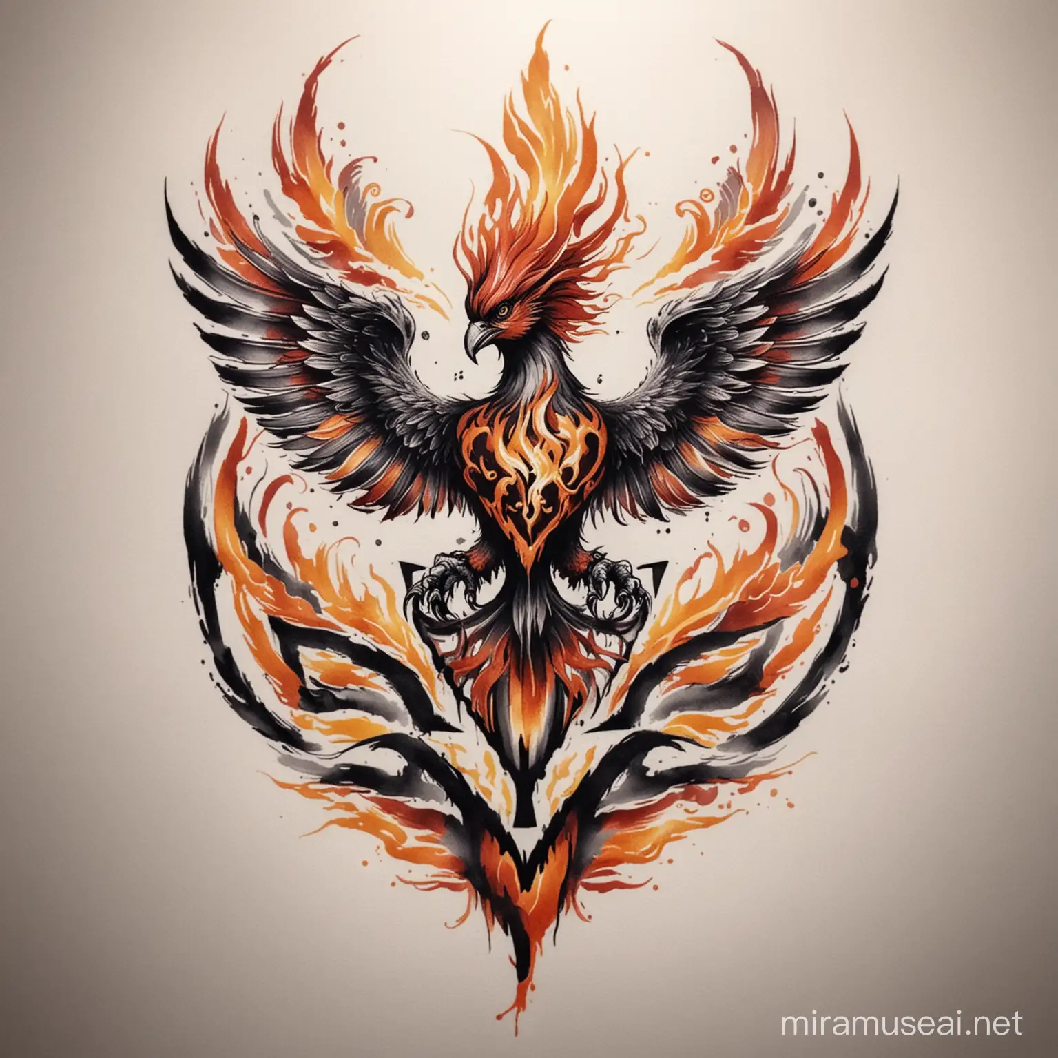 Fiery Phoenix Tattoo with Elegant V Design