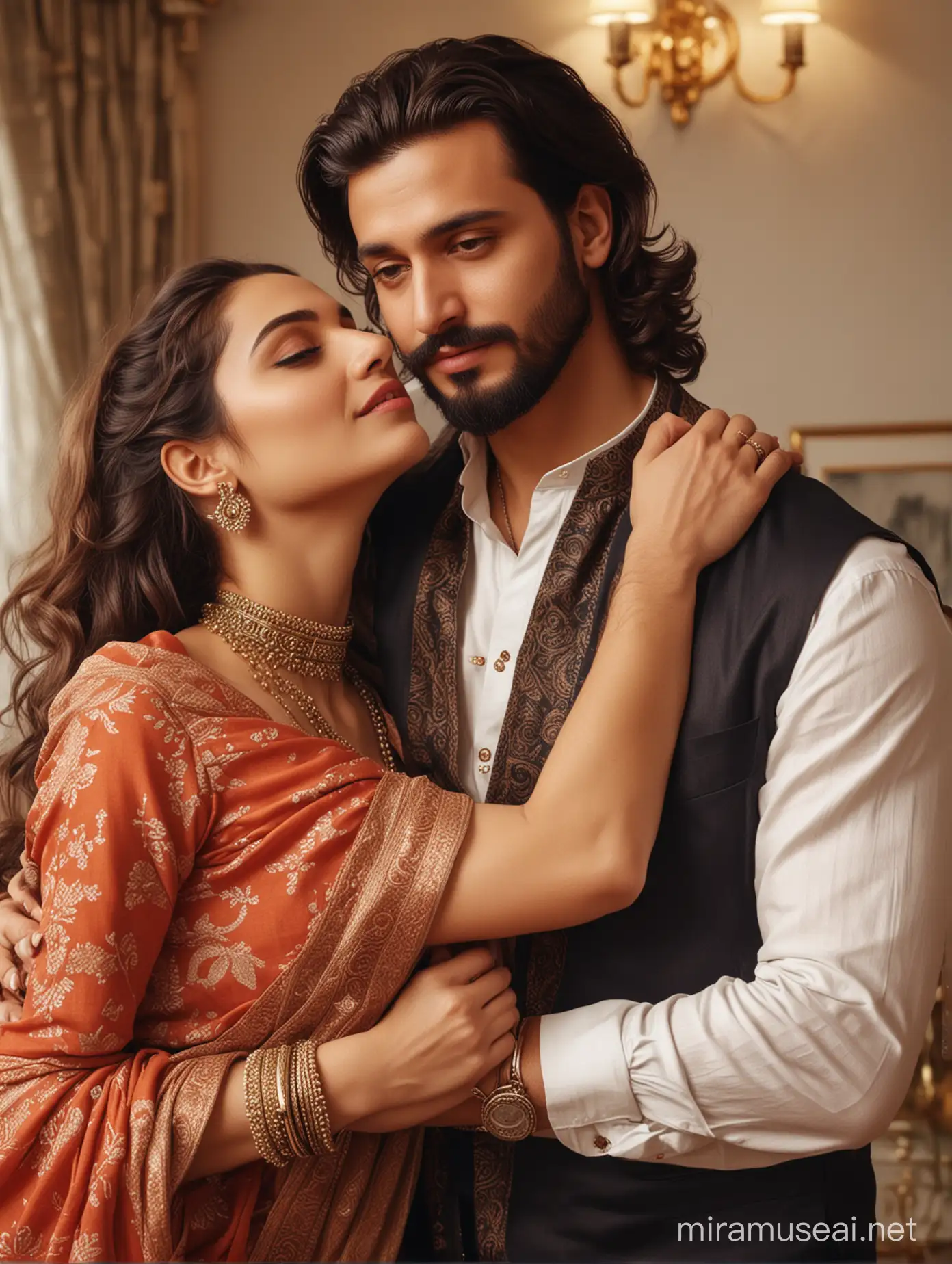 full body view  of most beautiful european couple as most beautiful indian couple, most beautiful girl in elegant bold color saree and long curly hairs, hairs tied  up with hair style stylishly, necklace,   big wide black  eyes, full face, makeup, low cut neck, girl embracing with emotion and possessive feeling, pressing face to chest of man, emotional crying with longing feeling, innocence and ecstasy, hands around man neck, man comforting her,  man with stylish beard, perfect hair cut, formals, photo realistic, 4k.
background,spacious modern elite photo room, with luxury sofa set, cream color carpet, elegant interior designs, vintage lamps, romantic reunion ambience, photorealistic, vibrant colors, intricate details, 8k.