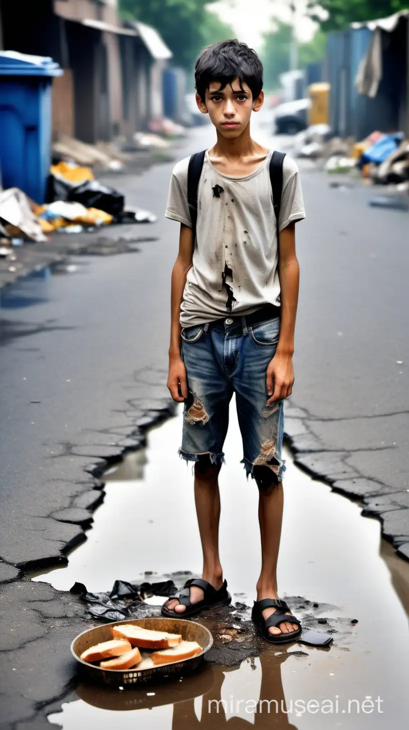 Teenage Boy Standing by Puddle Holding Last Piece of Bread in Poor Street Scene