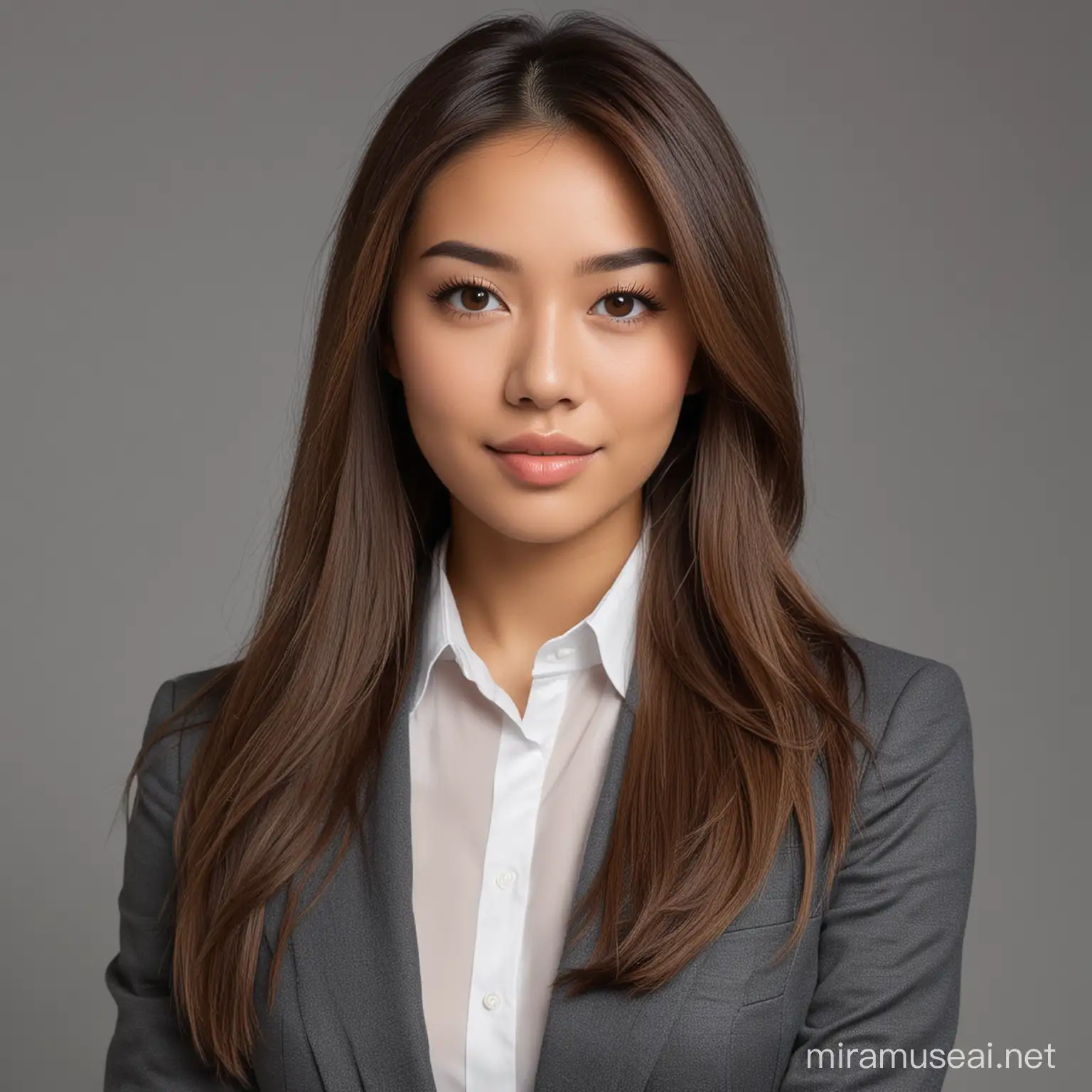 imagine a 24 year old female real estate assistant with bright brown Asian eyes , soft straight hair, realistic